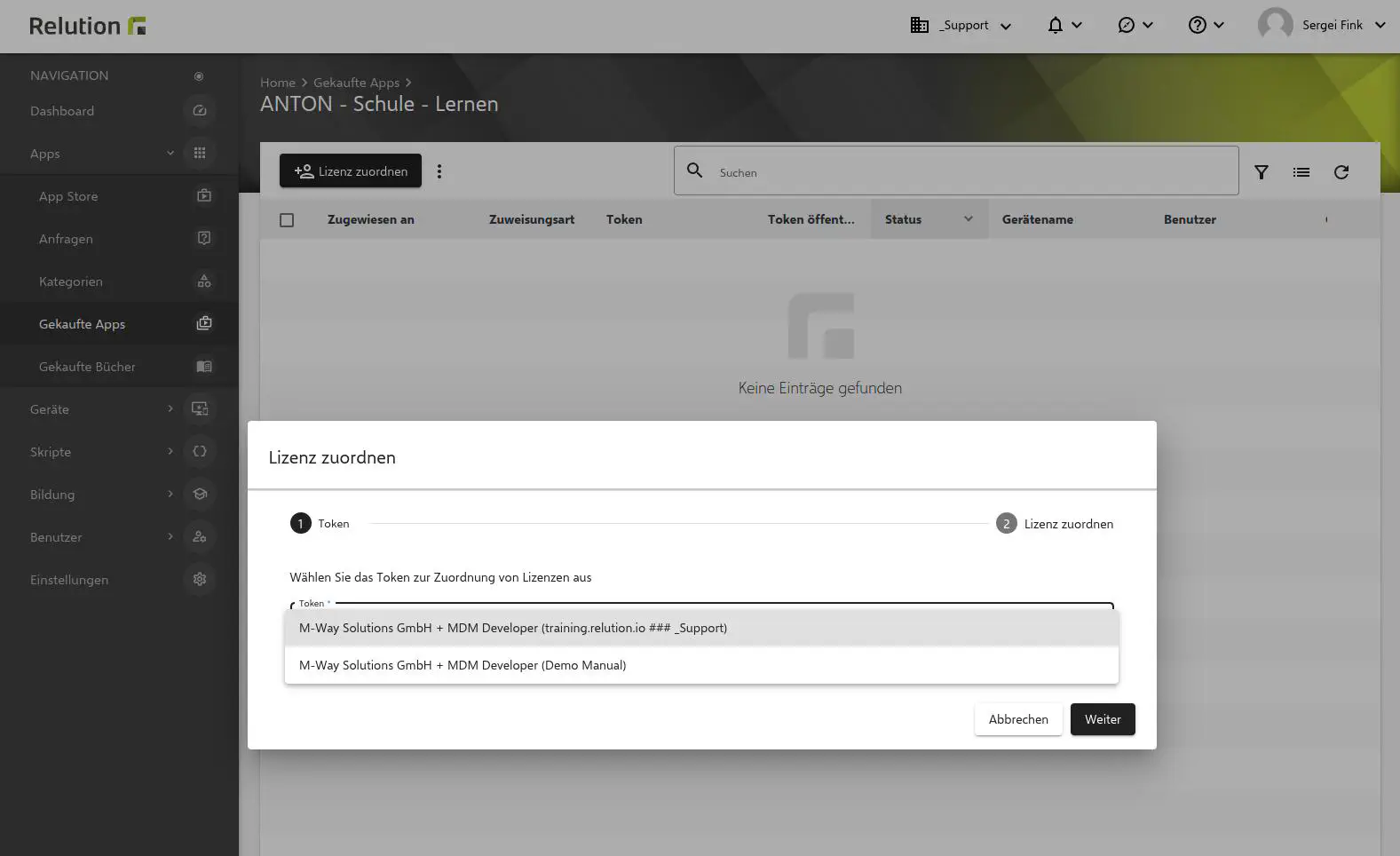 VPP-Lizenz einem Gerät in Relution Gekaufte Apps zuweisen