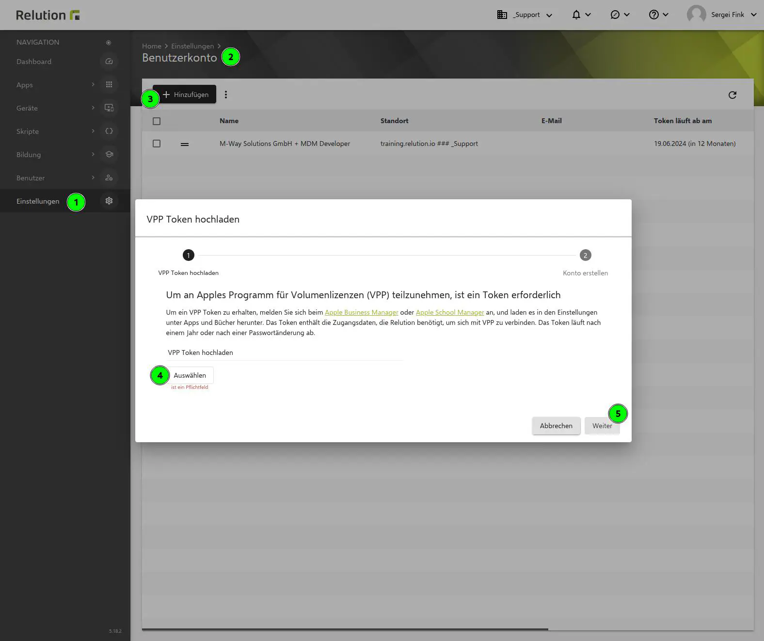 VPP-Token in Relution unter Volume Purchase Program hochladen