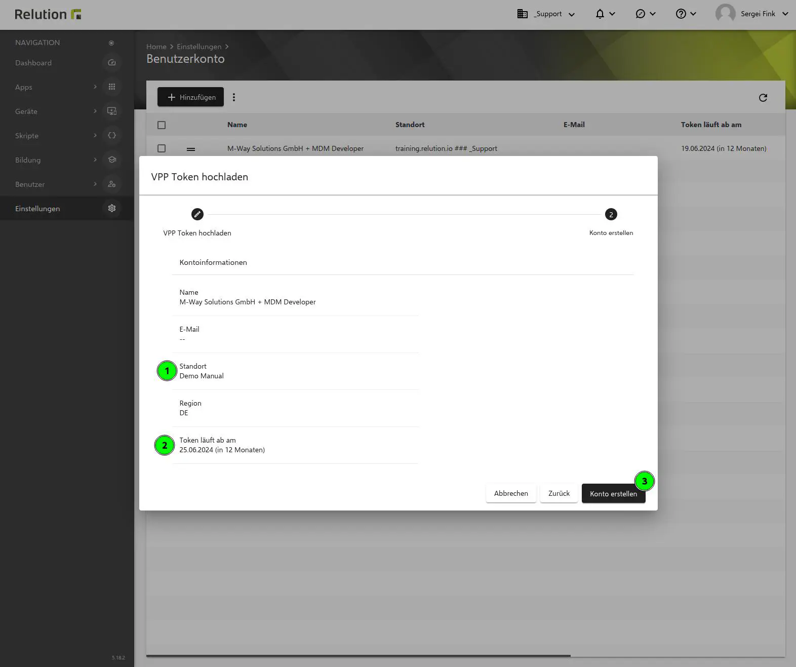 Verknüpfter VPP-Token in Relution Einstellungen anzeigen
