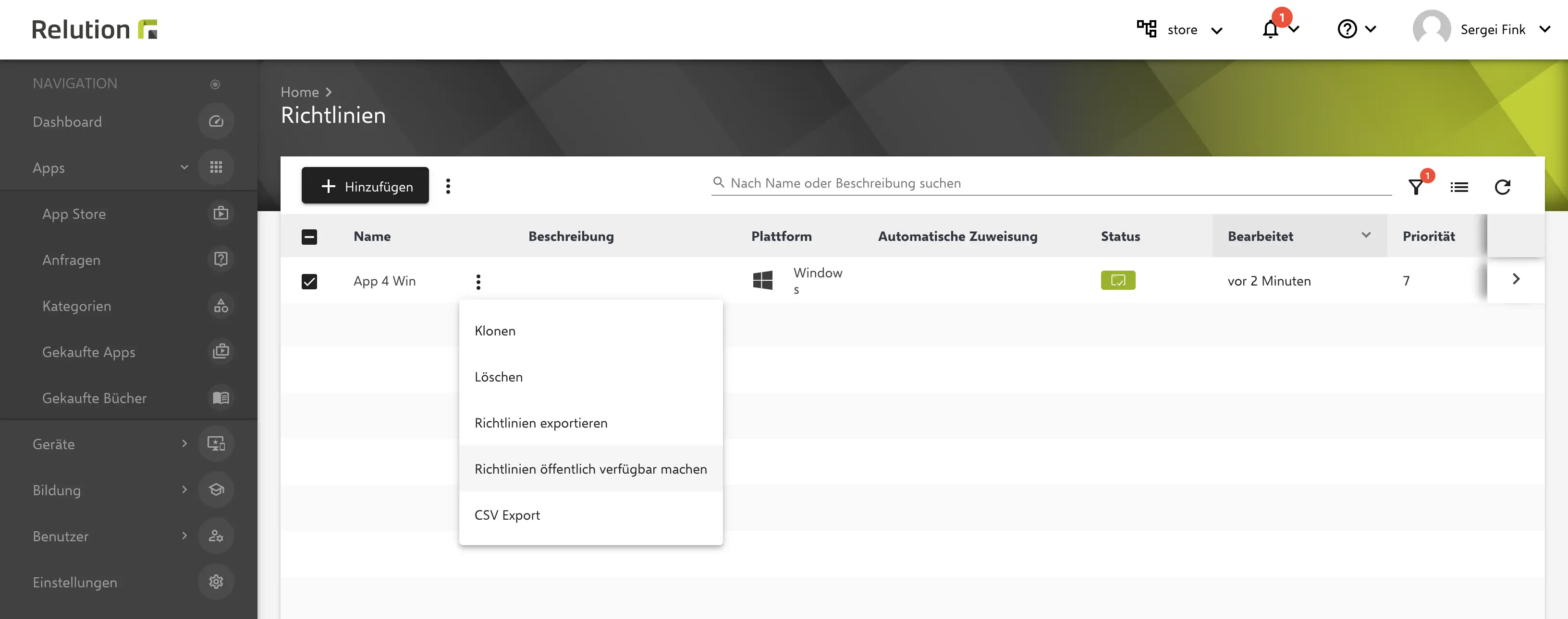 Native App-Version in der Relution Global-Organisation festlegen