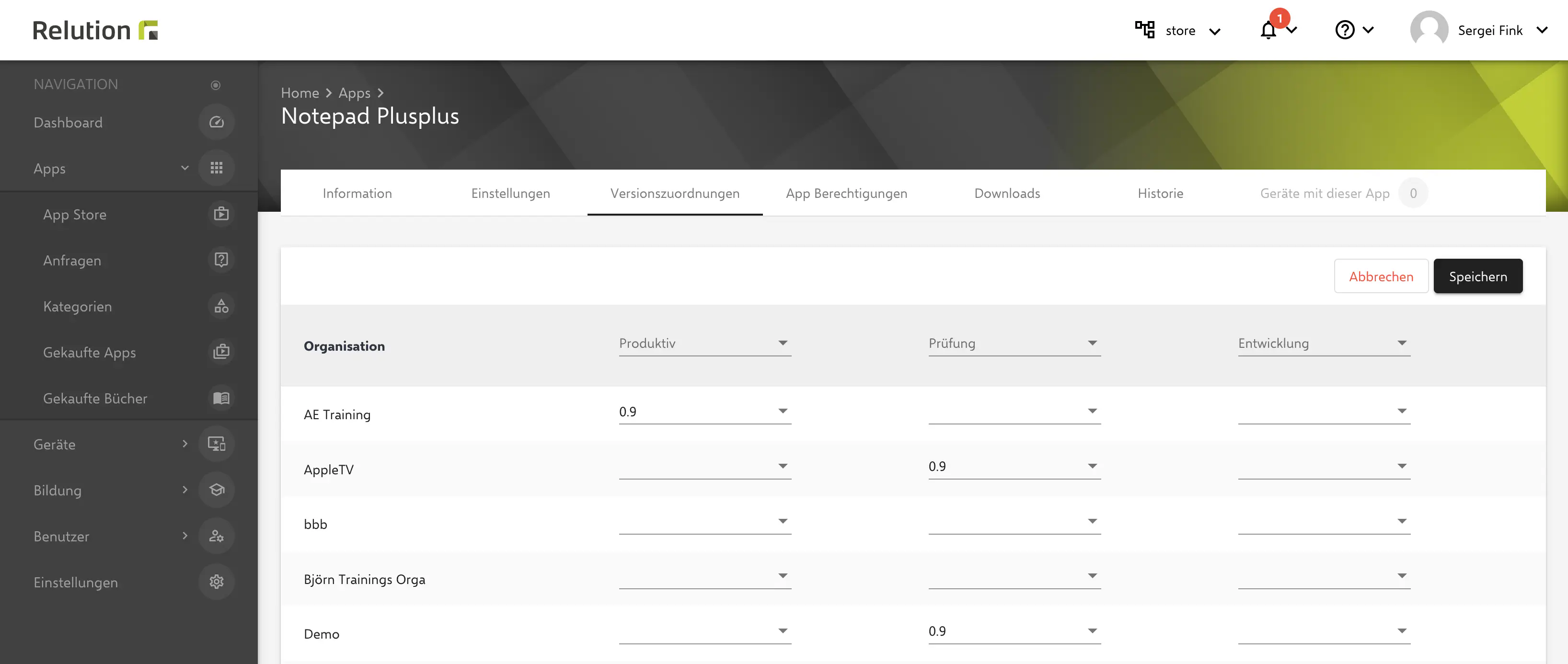 App-Versionszuweisung in der Relution Global-Organisation verwalten
