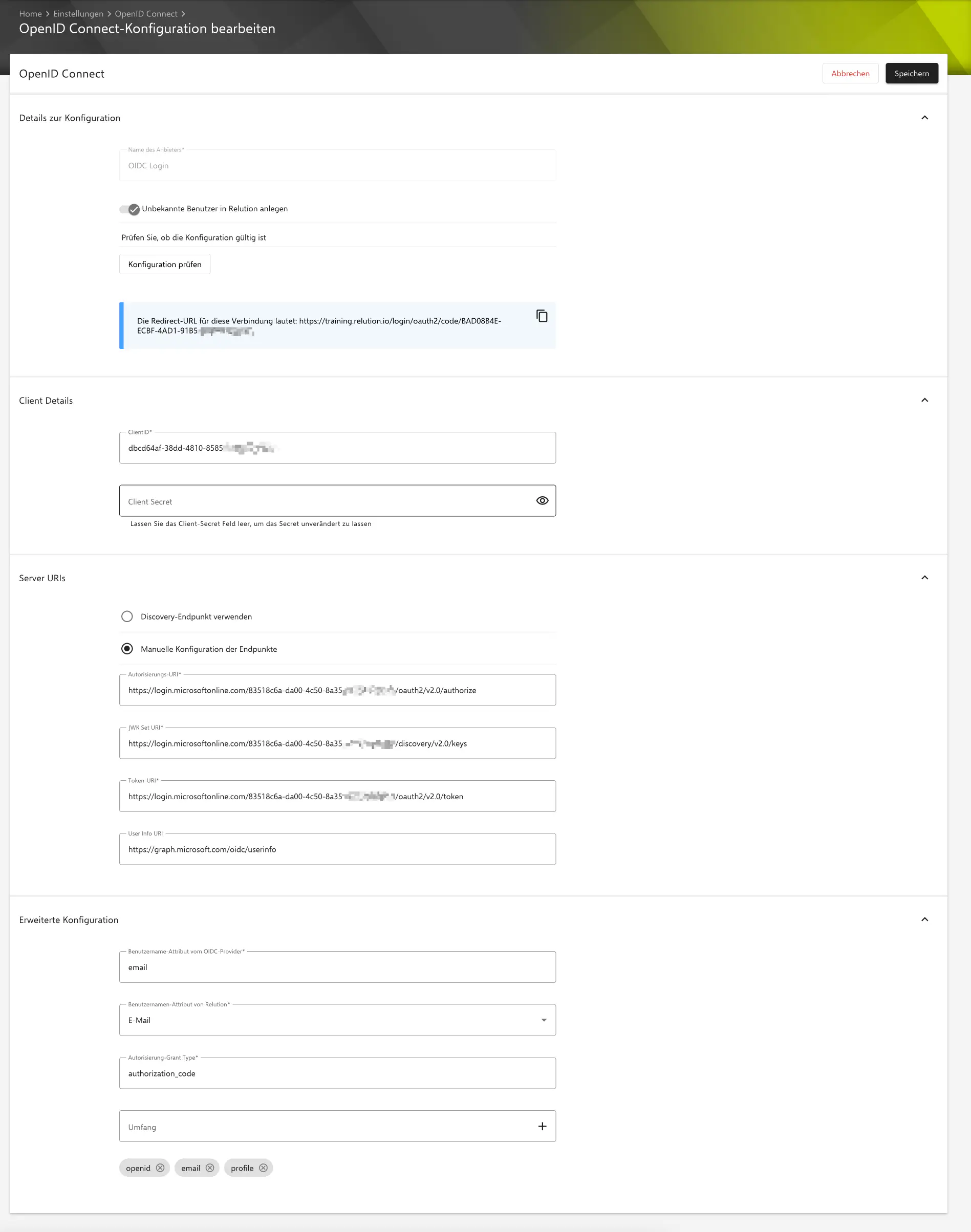 Ouvrir la configuration OpenID Connect dans les paramètres Relution