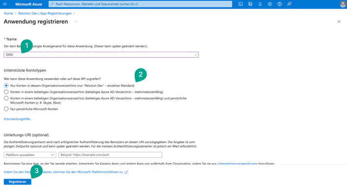Nommer l’application OIDC dans Azure et définir le type de compte pour l’annuaire d’organisation