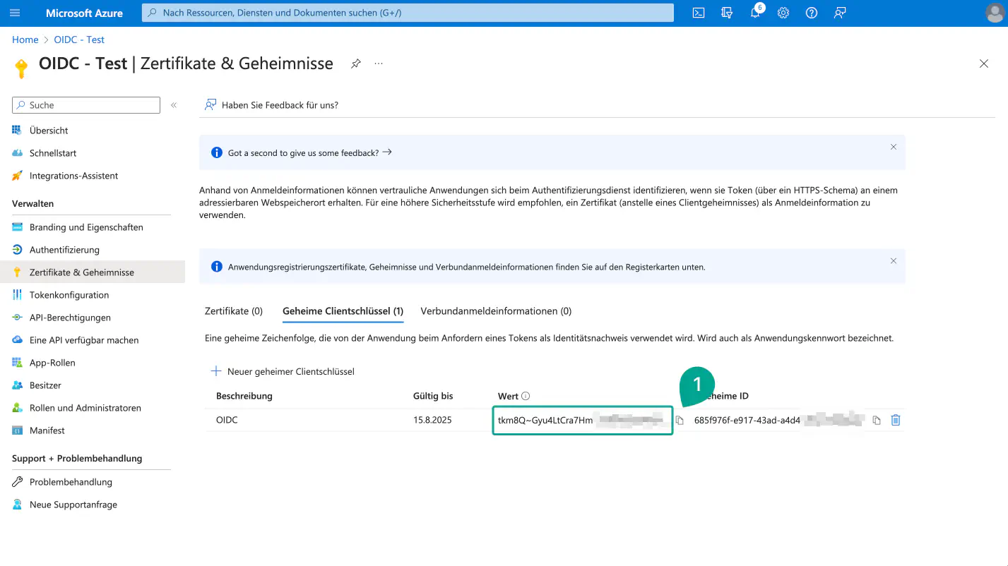 Copier la clé secrète client générée dans Azure