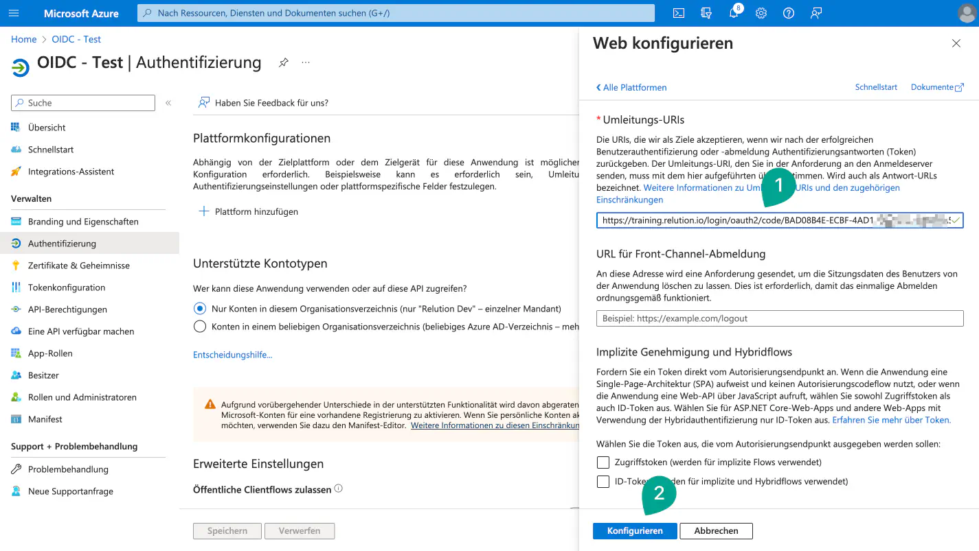 Enregistrer l’URI de redirection Relution comme Redirect-URI dans l’inscription d’application Azure