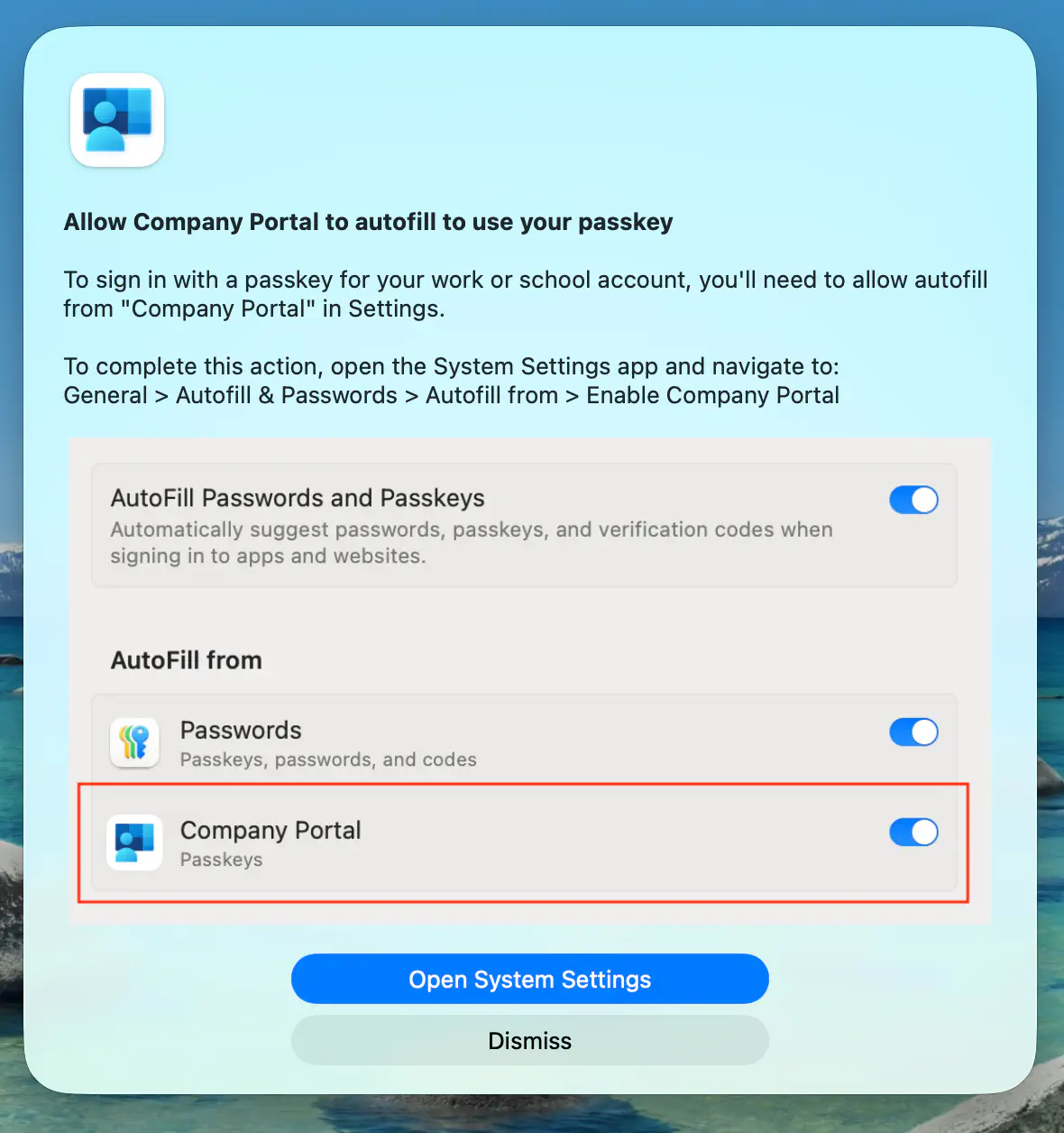 macOS : « Allow Company Portal to autofill to use your passkey » – activer le commutateur pour Company Portal sous « Remplissage automatique depuis »