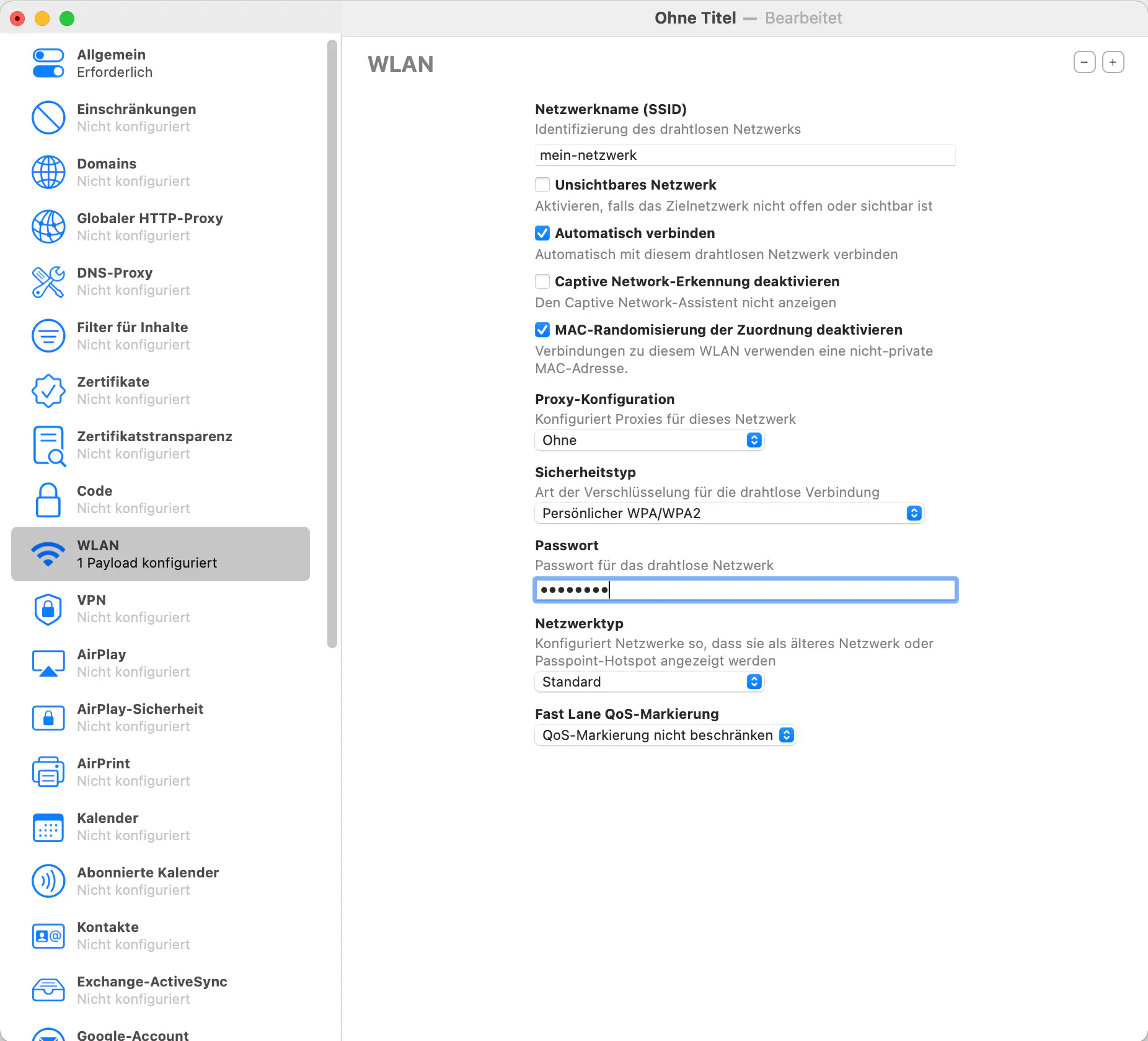 WLAN-Profil in Apple Configurator 2 für Überwachungsmodus erstellen