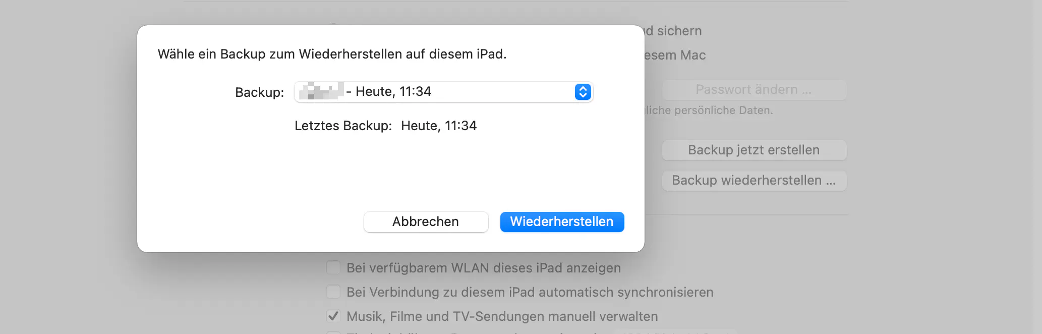 Backup auf temporärem Gerät im Mac Finder wiederherstellen