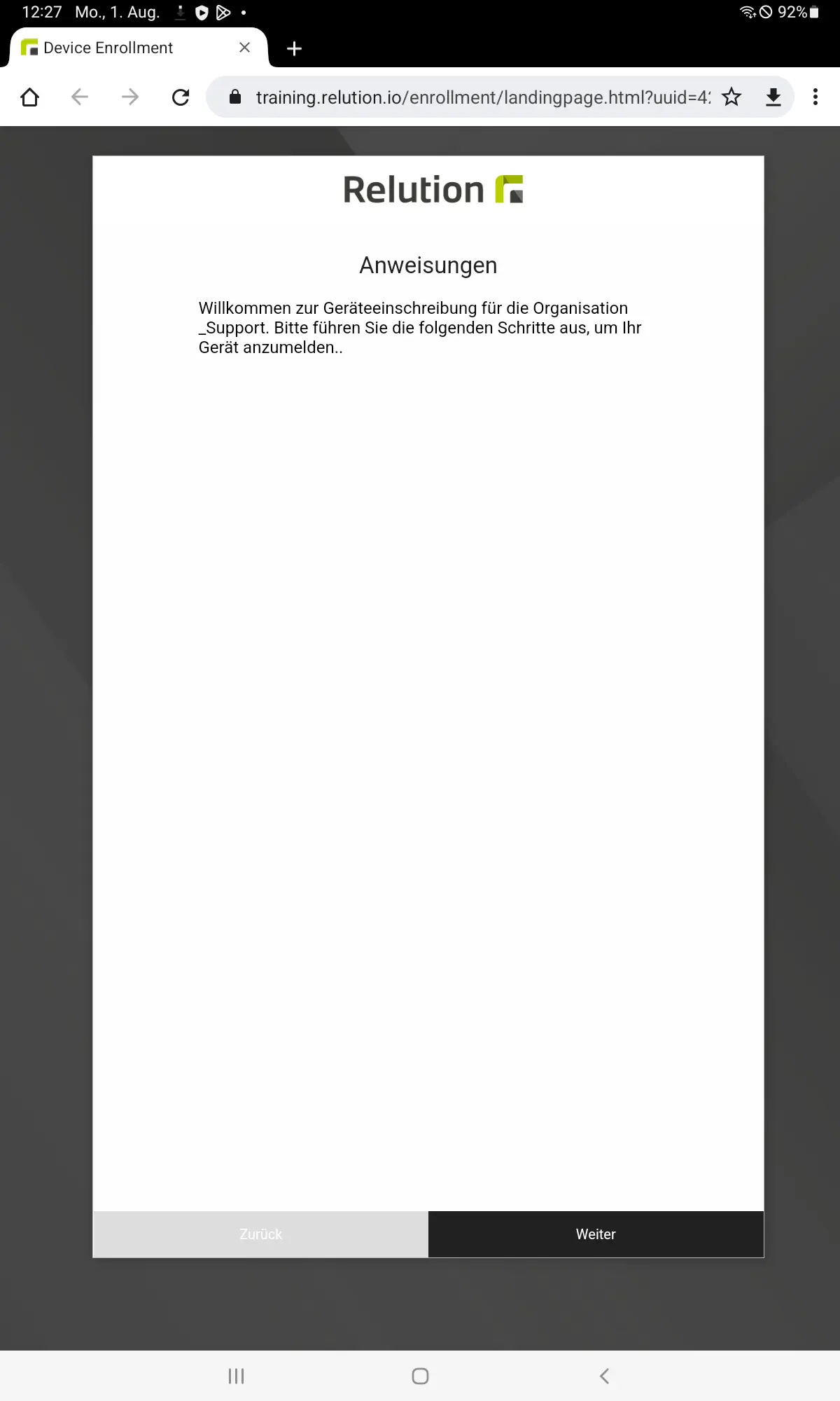 Willkommensbildschirm der Android Einschreibung im Browser