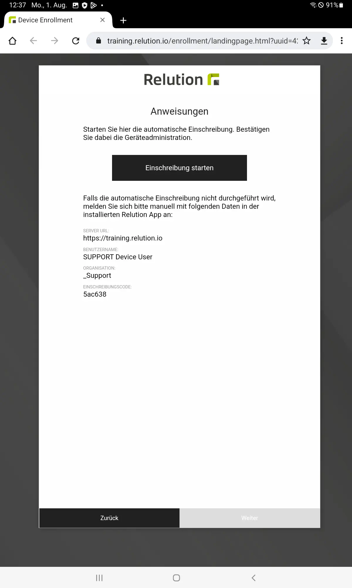 Schaltfläche Einschreibung starten im Android Browser