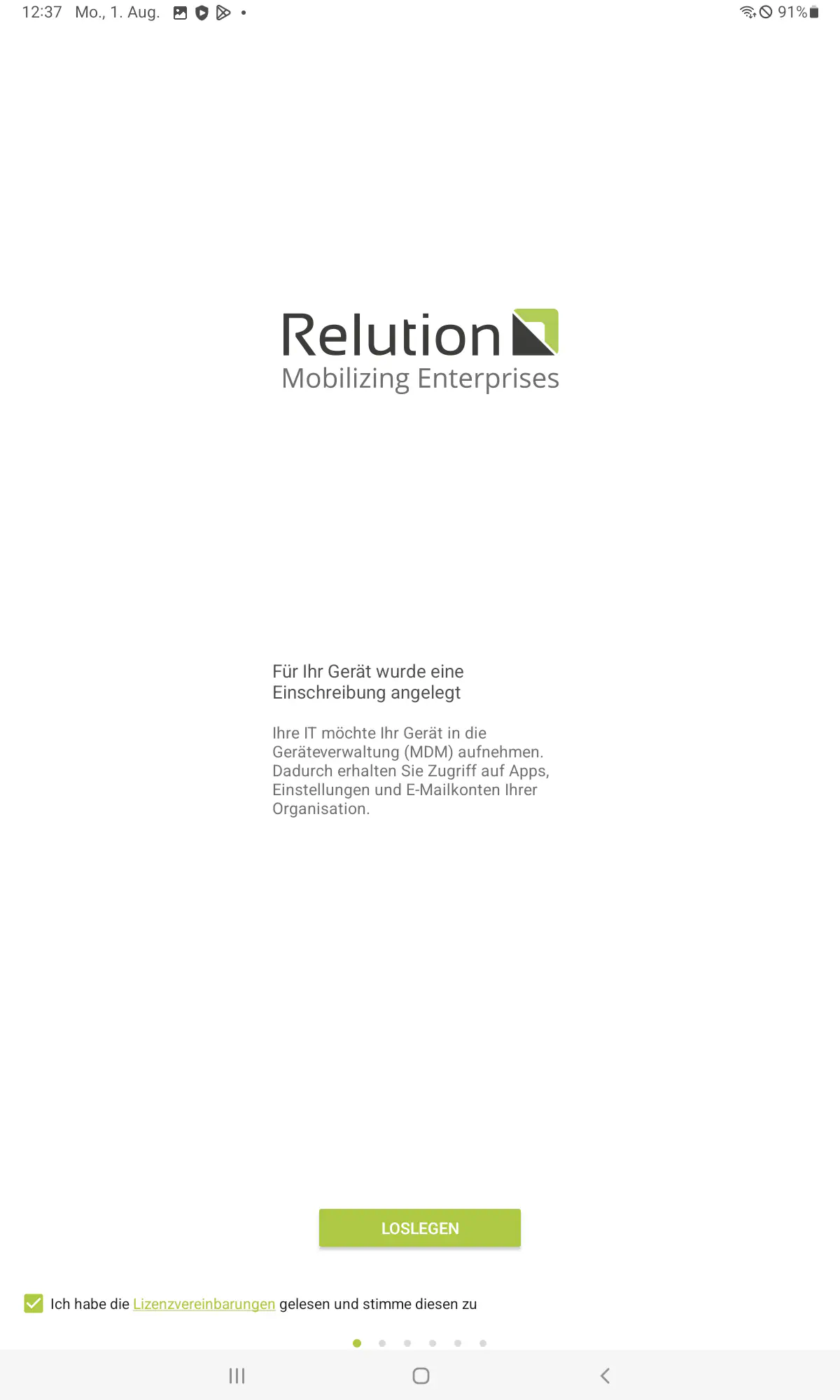 Lizenzvereinbarung im Relution Companion für Android akzeptieren
