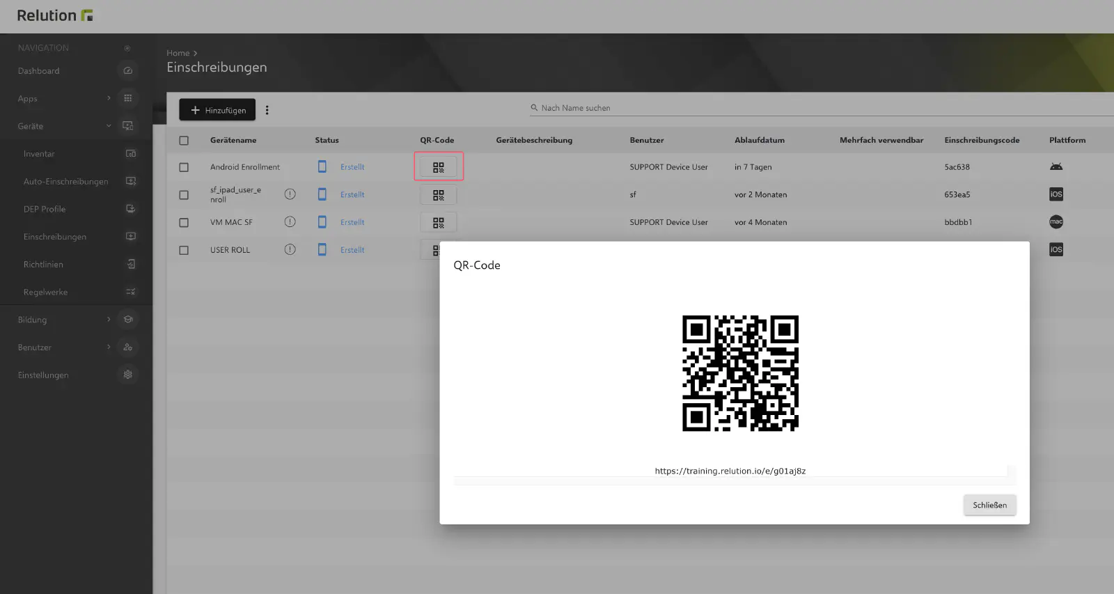 QR-Code der Einschreibung im Relution Portal anzeigen