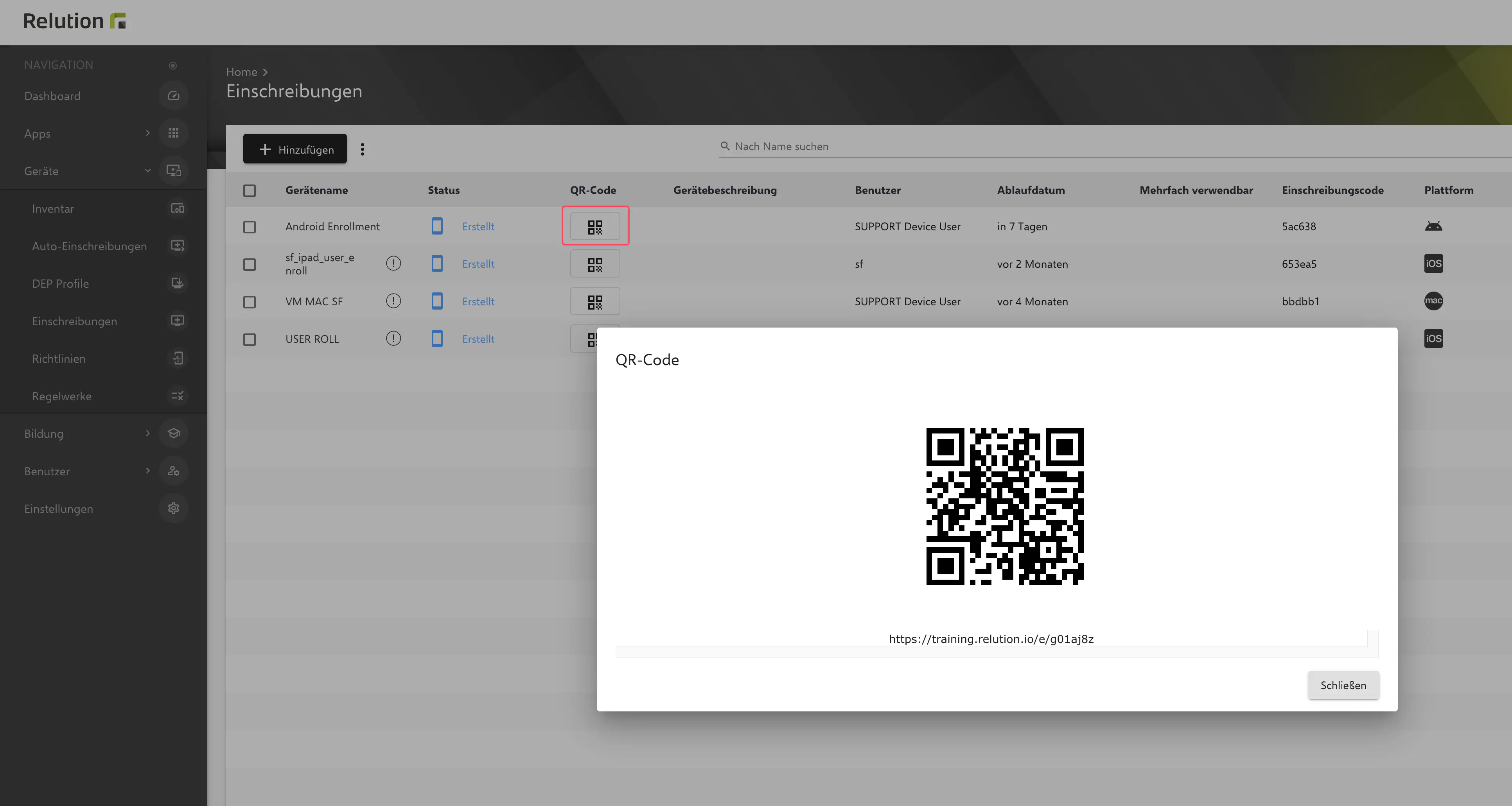 QR-Code der Einschreibung im Relution Portal anzeigen