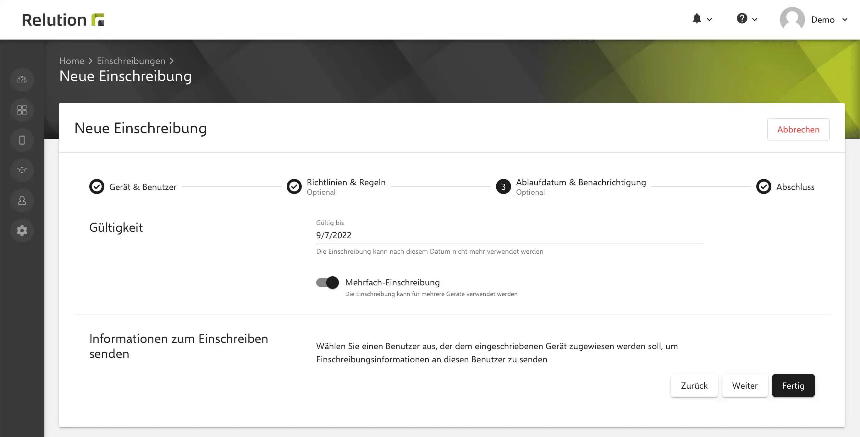 Mehrfach-Einschreibung und Gültigkeit für Windows Bulk Enrollment in Relution konfigurieren