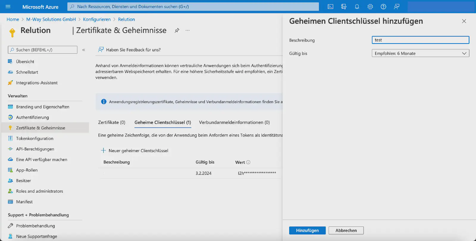 Geheimen Clientschlüssel unter Zertifikate und Geheimnisse in Microsoft Entra hinzufügen