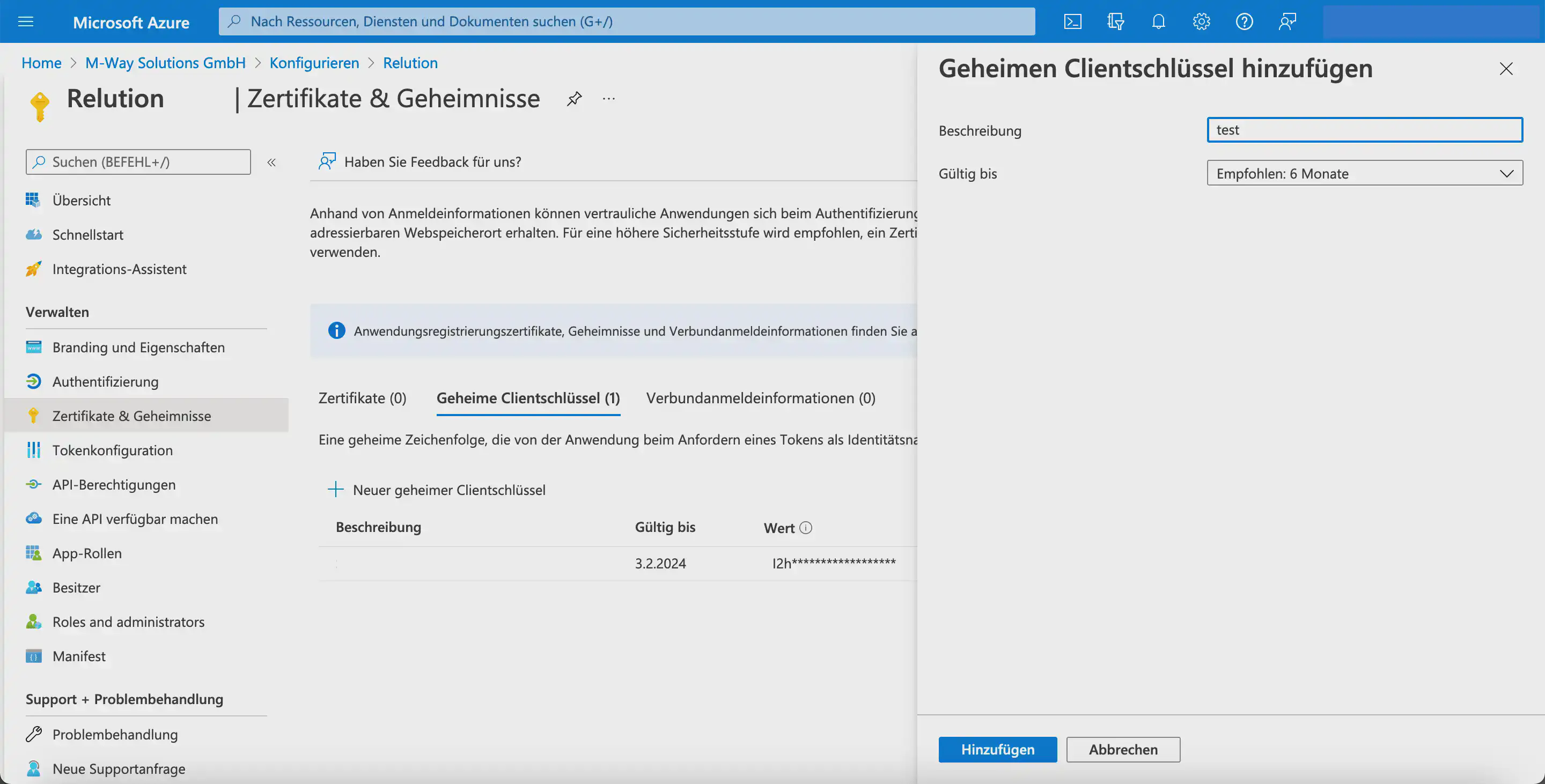 Ajouter une clé secrète client sous Certificats et secrets dans Microsoft Entra