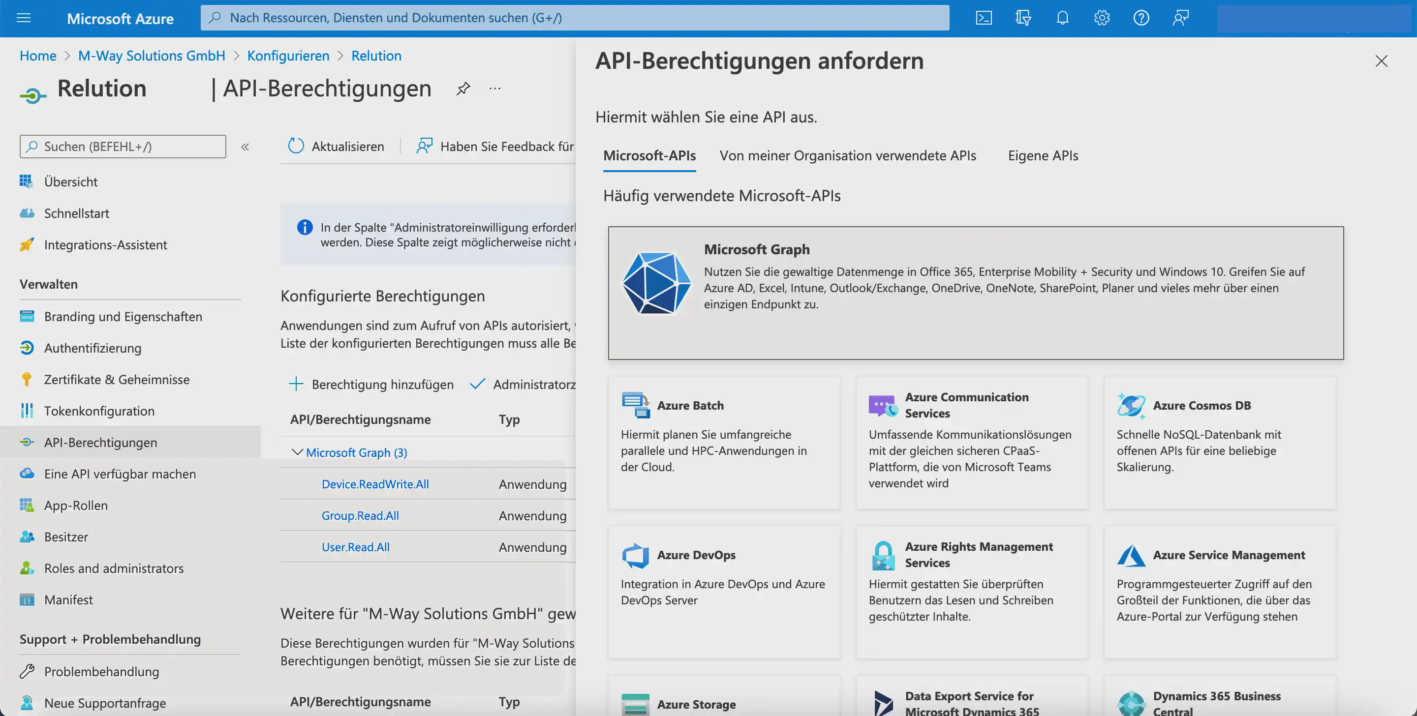 Sélectionner Microsoft Graph sous API Microsoft pour les autorisations API dans Microsoft Entra