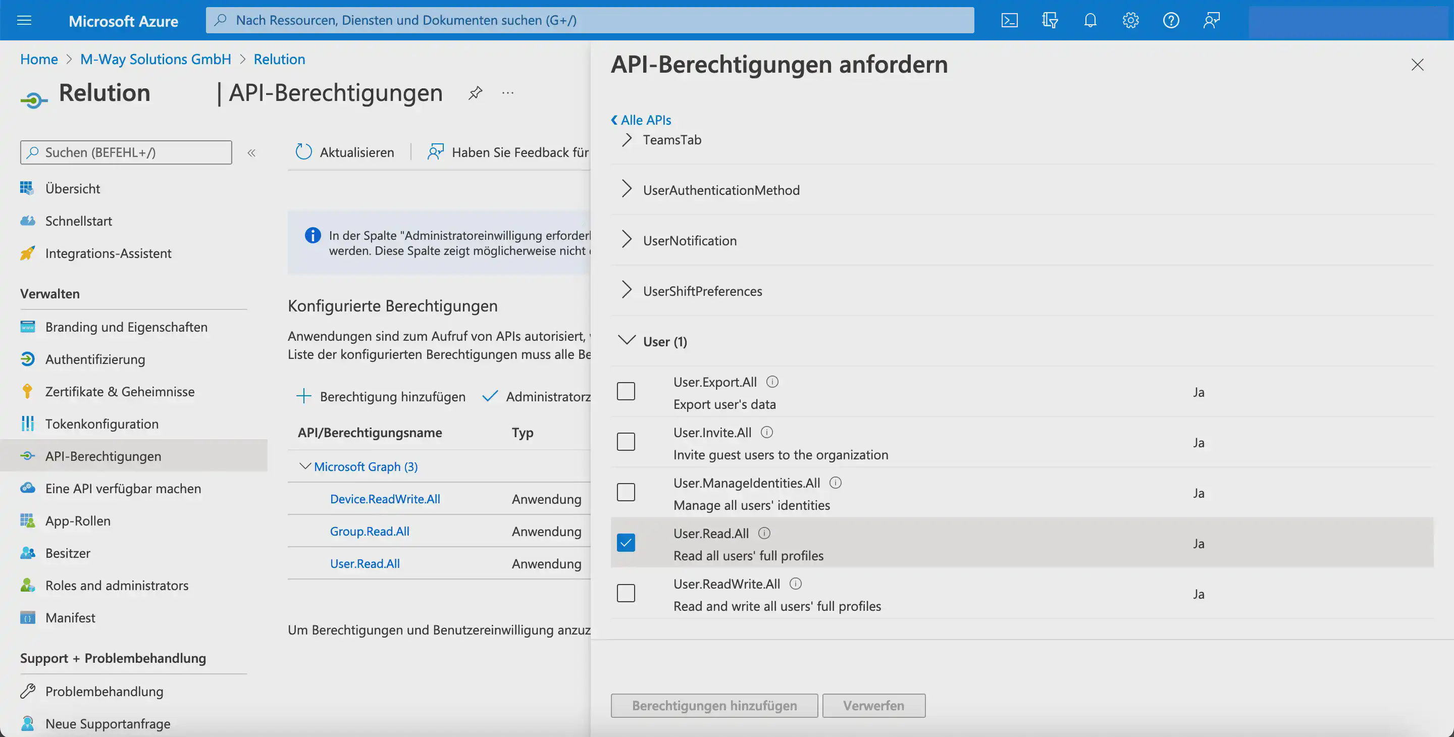 Activer l’autorisation User.Read.All pour Microsoft Graph dans Microsoft Entra