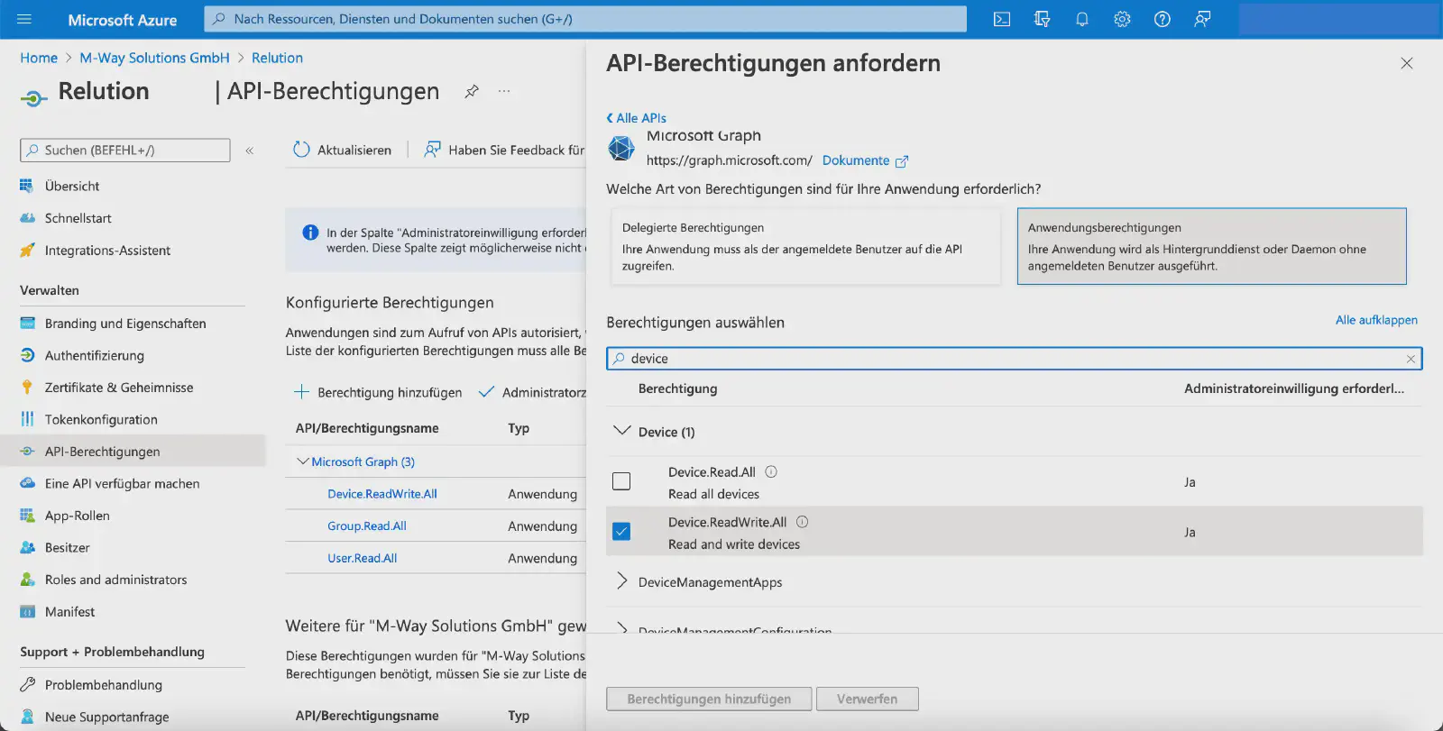 Device.ReadWrite.All Berechtigung für Microsoft Graph in Microsoft Entra hinzufügen