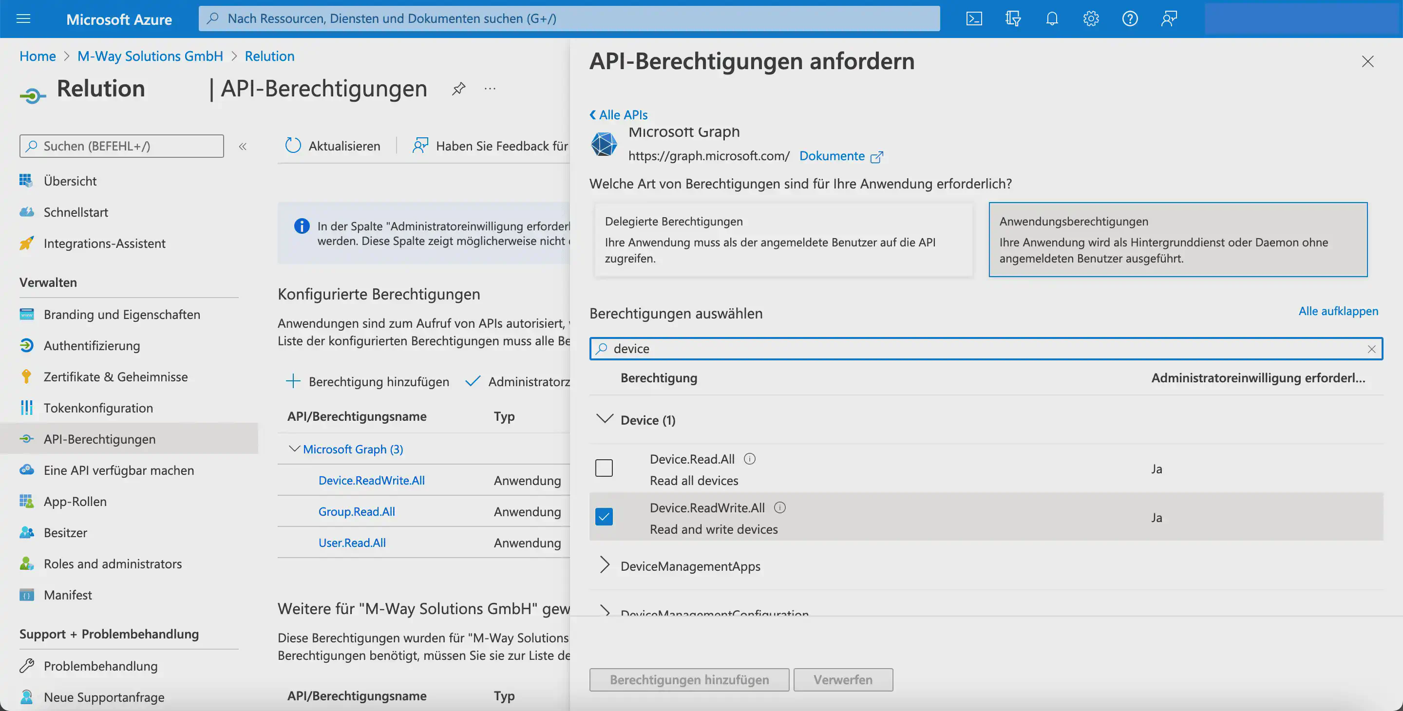 Ajouter l’autorisation Device.ReadWrite.All pour Microsoft Graph dans Microsoft Entra