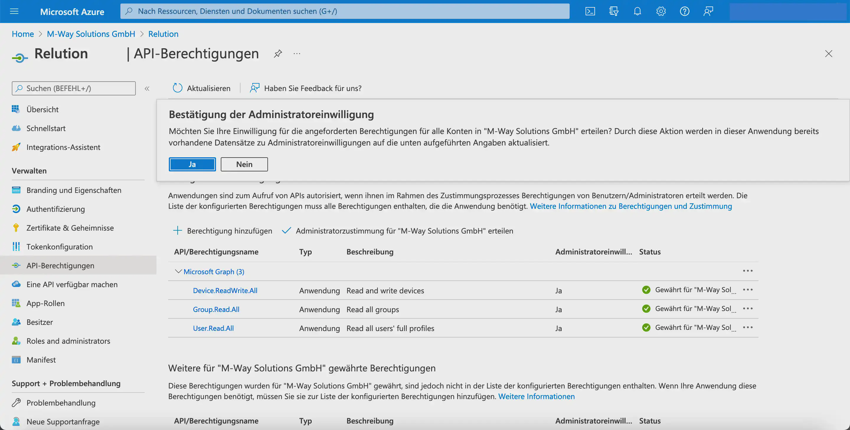 Afficher les autorisations API dans Microsoft Entra comme accordées après le consentement de l’administrateur