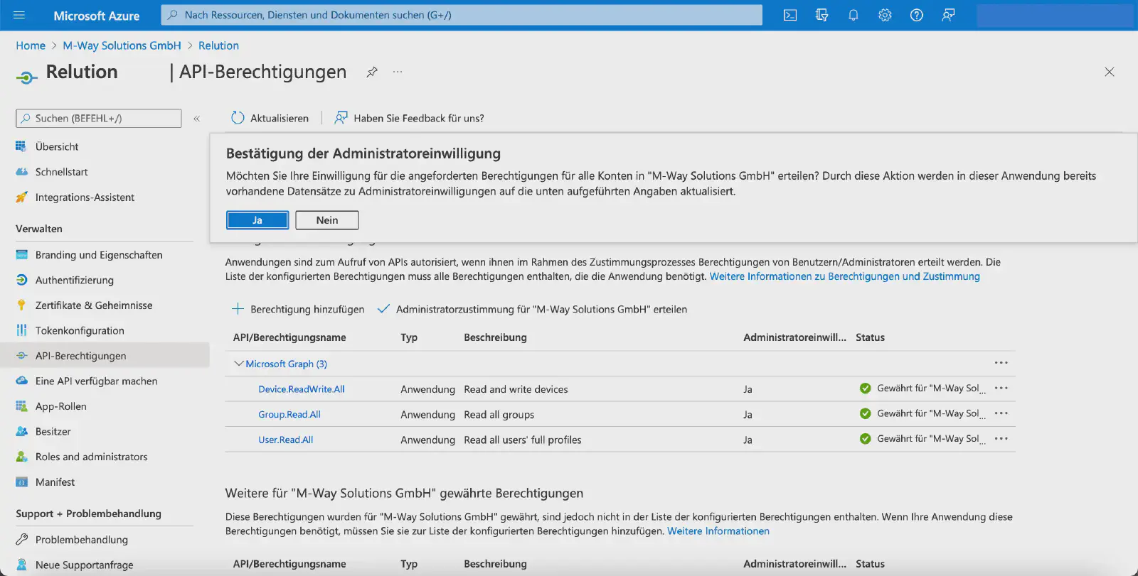 API-Berechtigungen in Azure nach Administrator-Zustimmung als erteilt anzeigen