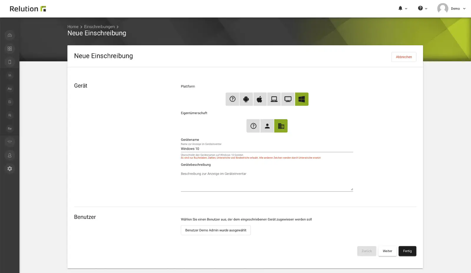 Neue Einschreibung für Windows-Gerät in Relution anlegen