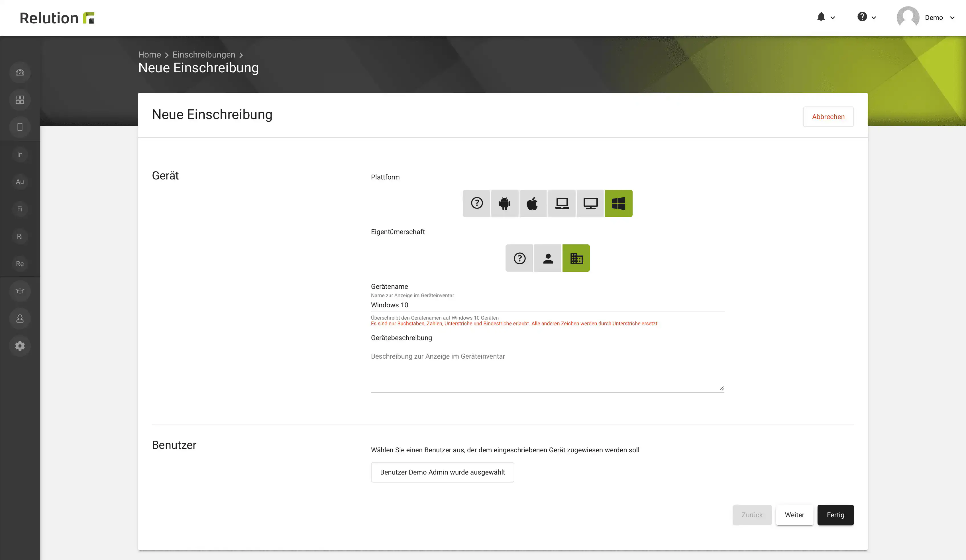 Neue Einschreibung für Windows-Gerät in Relution anlegen