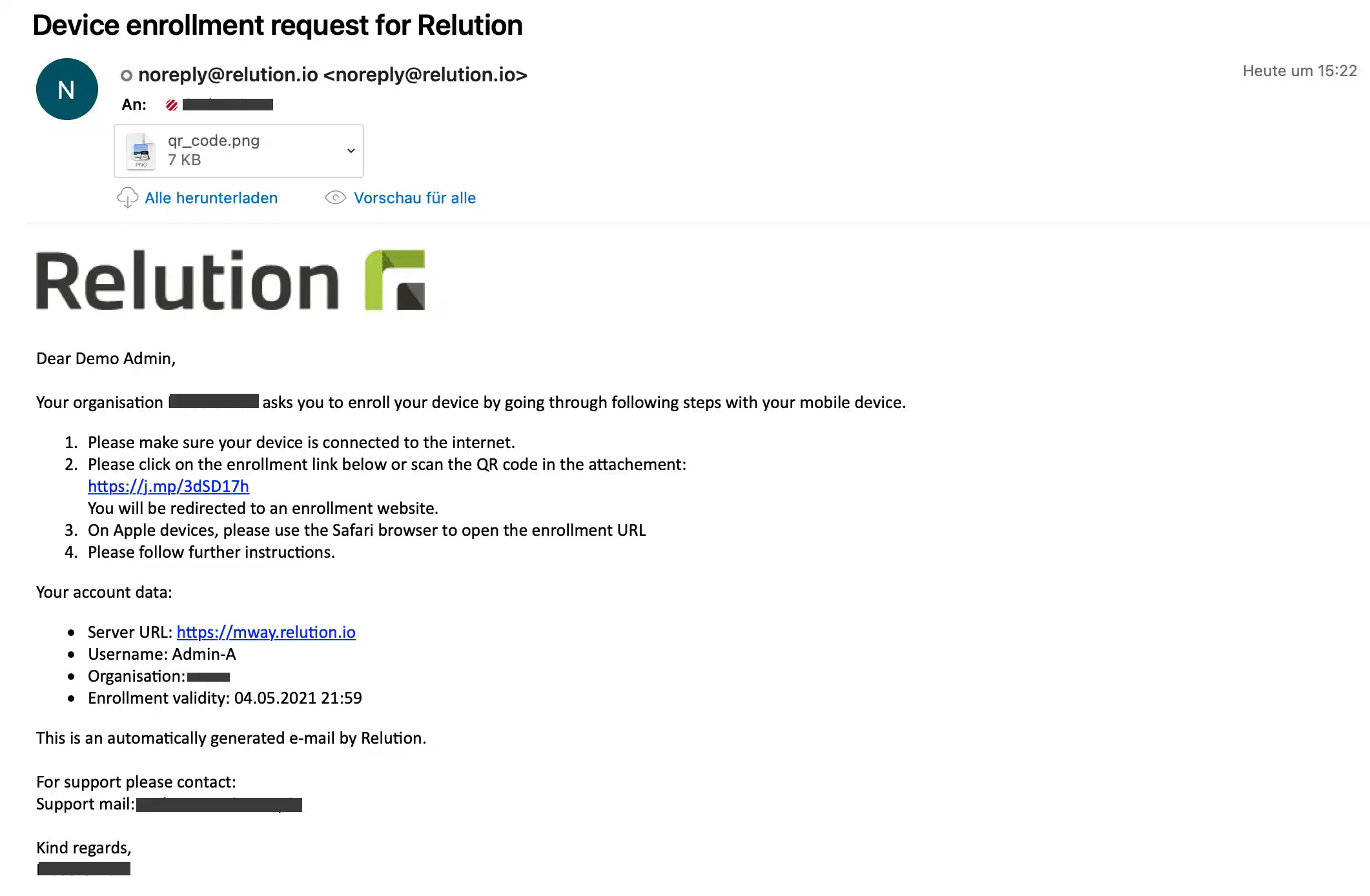 Einschreib-E-Mail mit Einschreibungslink und Einschreibungscode für Windows-Gerät