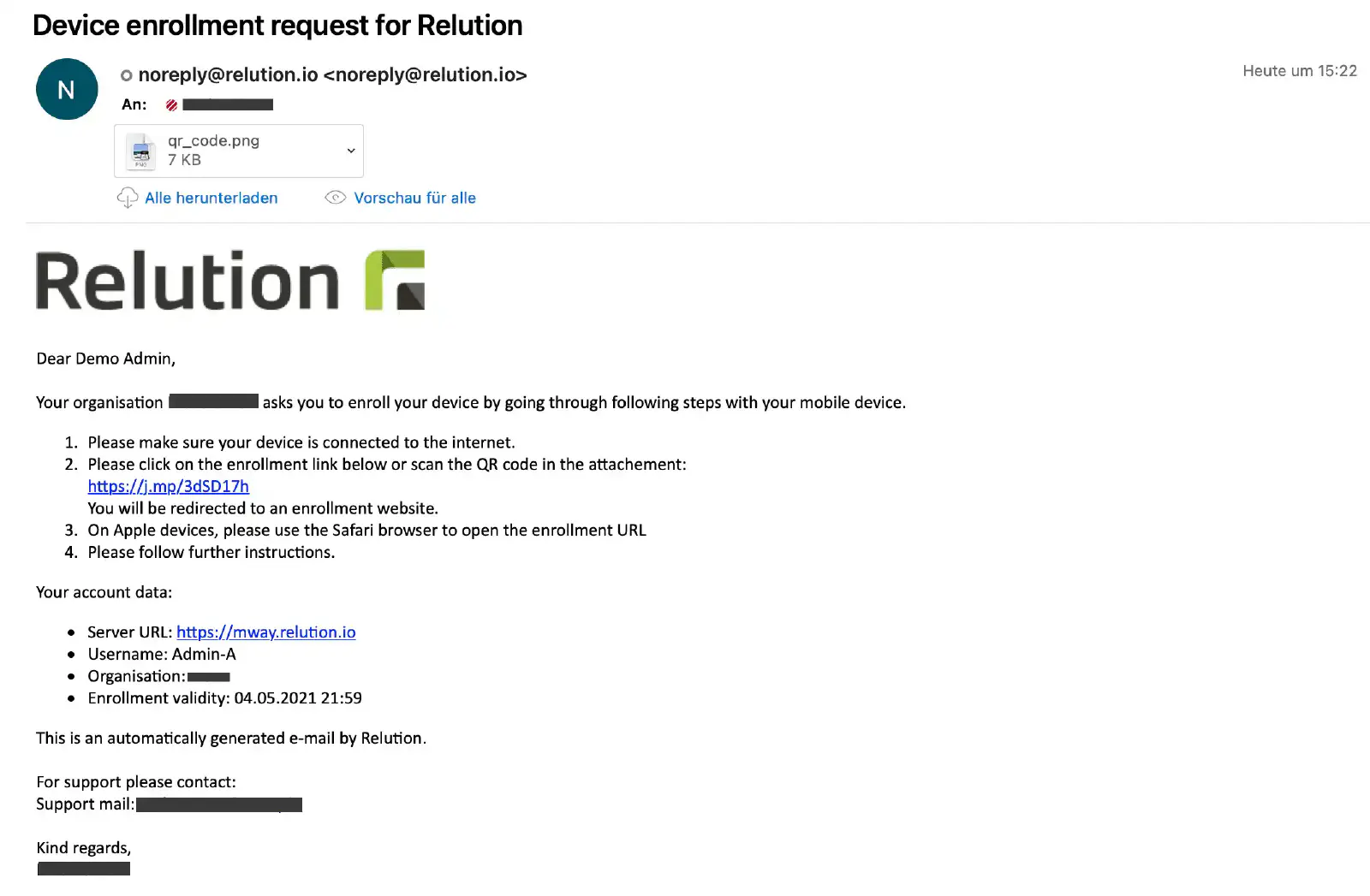 Einschreib-E-Mail mit Einschreibungslink und Einschreibungscode für Windows-Gerät