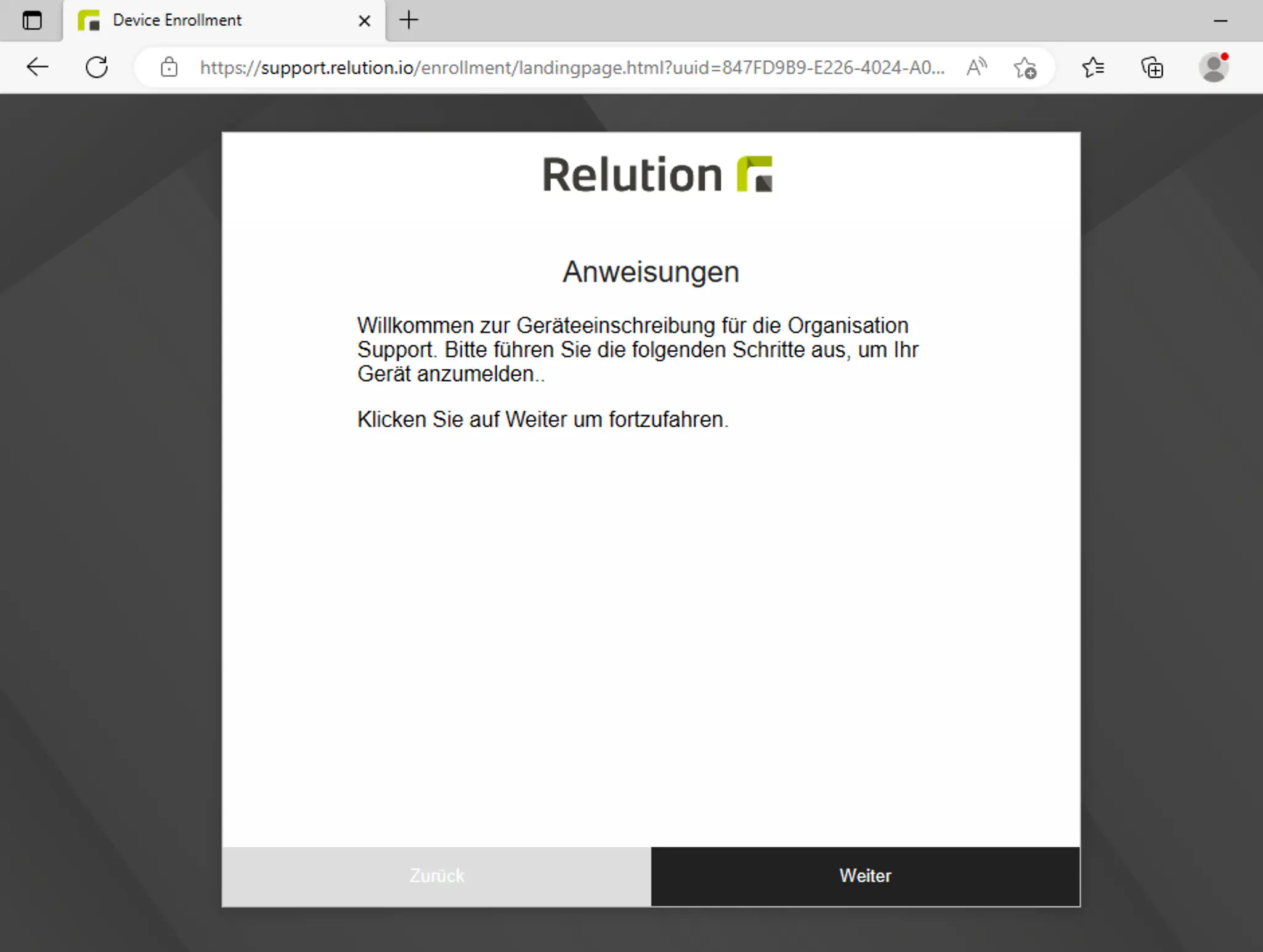 Einschreibungslink im Browser des Windows-Geräts für MDM-Einschreibung öffnen