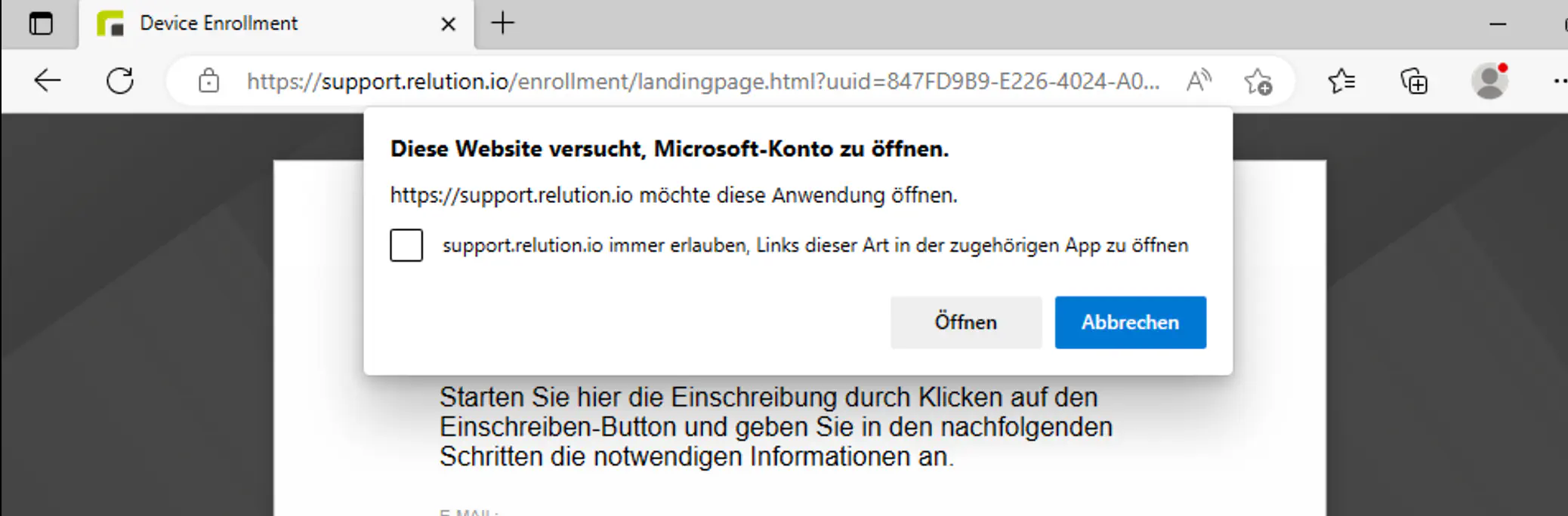 Einschreibung auf Windows-Gerät starten und Einstellungsapp öffnen