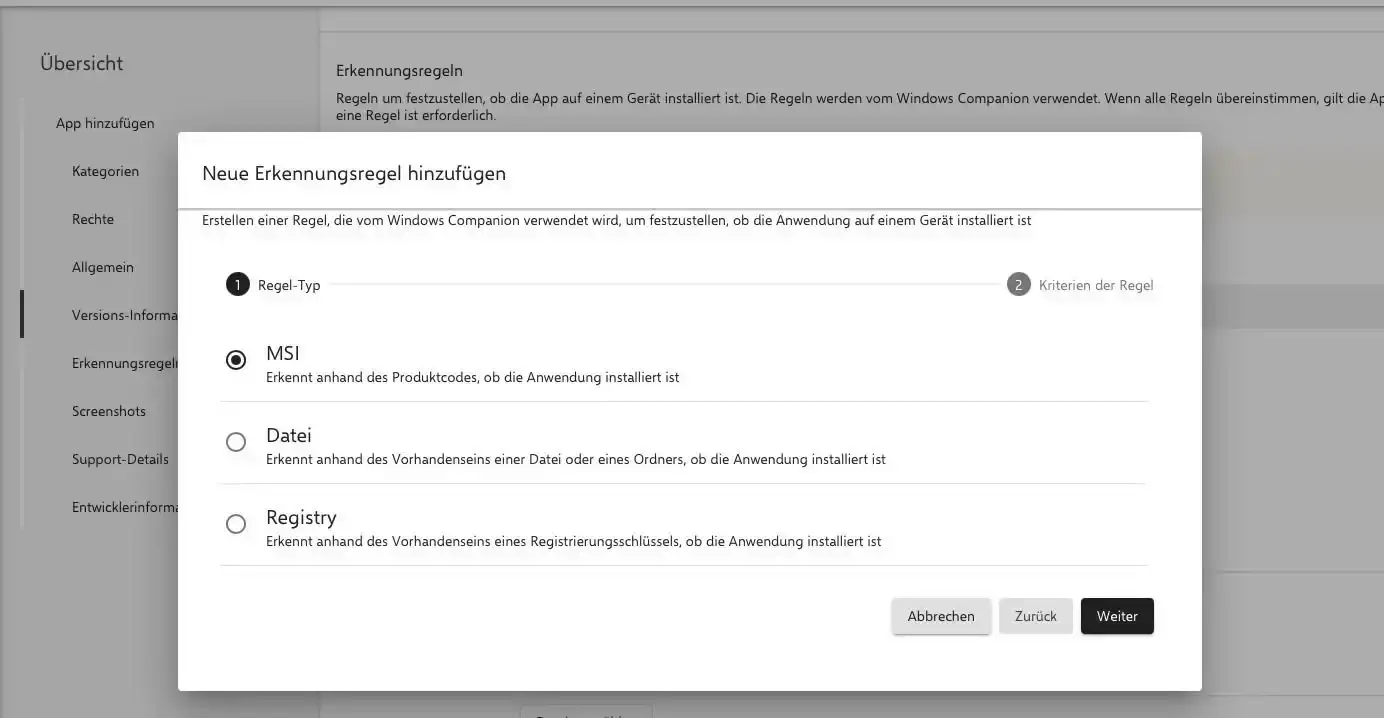 Drei verfügbare Erkennungsregeln für Windows App in Relution auswählen