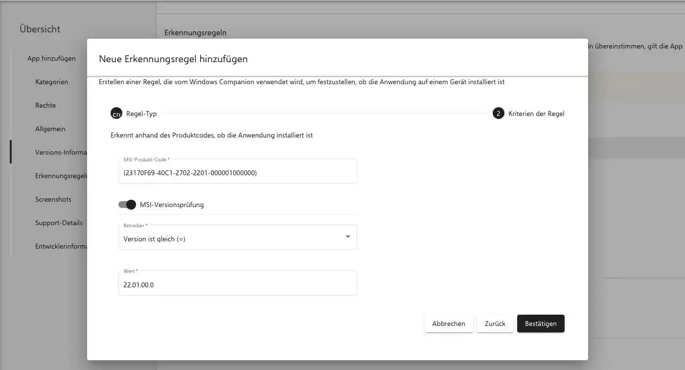 MSI-Erkennungsregel mit Produktcode für Windows App in Relution konfigurieren