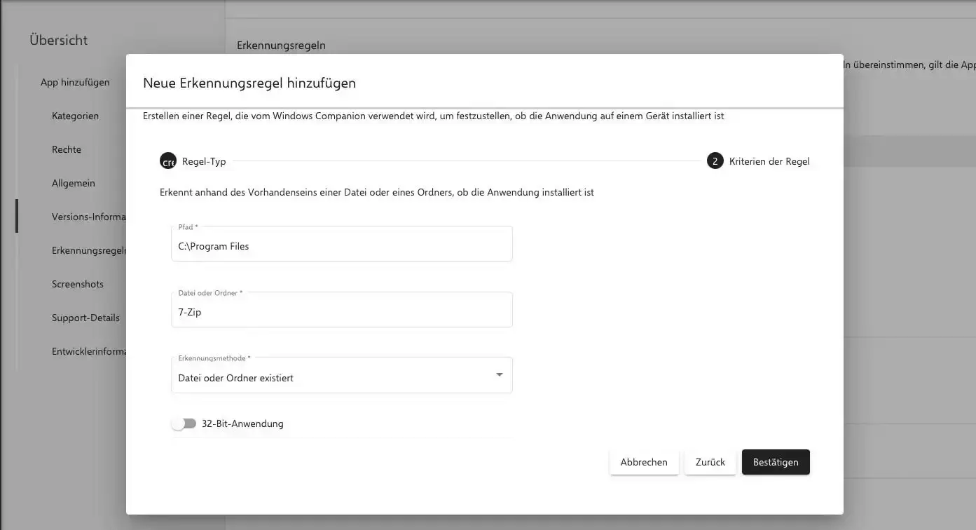 Datei-Erkennungsregel mit Installationspfad für Windows App in Relution konfigurieren