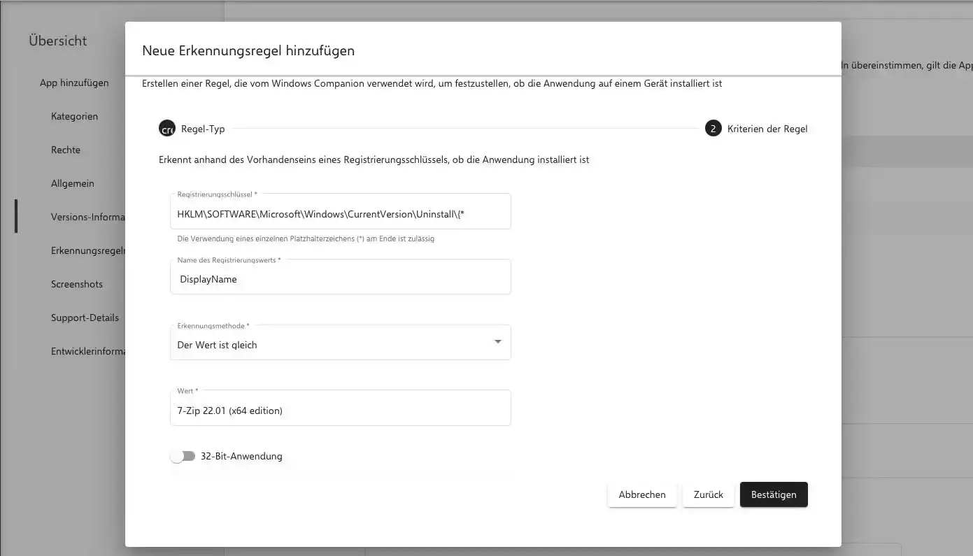 Registry-Erkennungsregel mit Registrierungsschlüssel für Windows App in Relution konfigurieren