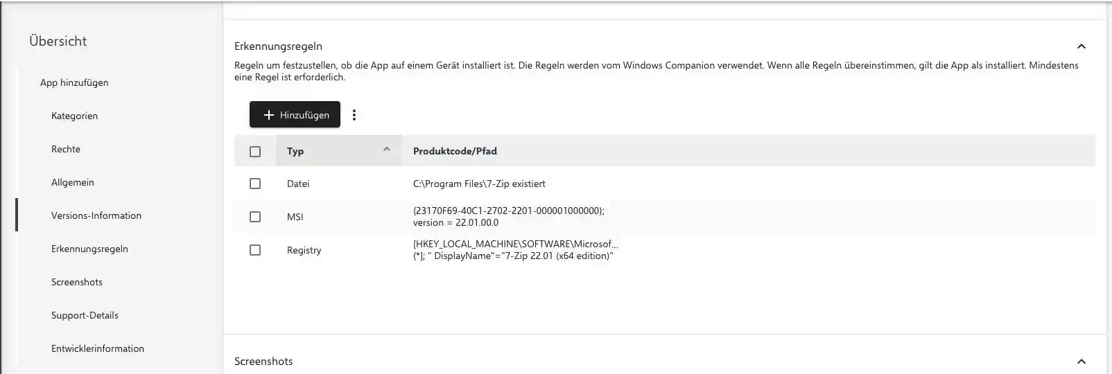 Registry-Erkennungsregel Wert und Erkennungsmethode für Windows App festlegen