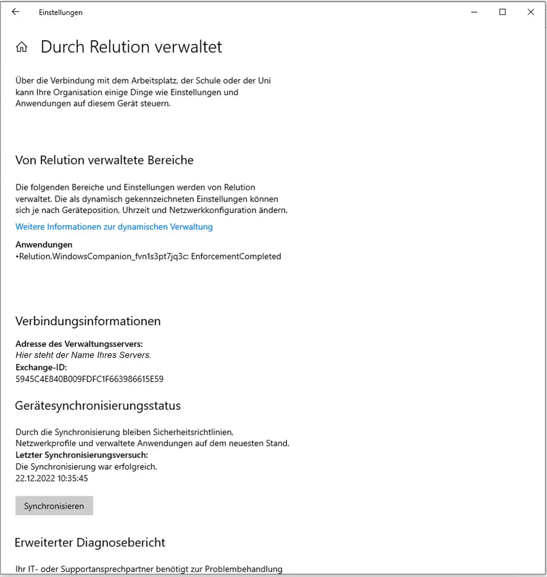 Relution Companion für Windows als eingeschriebenes MDM-Konto in den Geräteeinstellungen