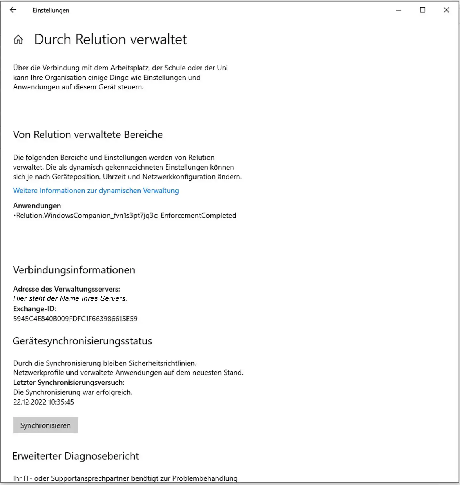 Relution Companion für Windows als eingeschriebenes MDM-Konto in den Geräteeinstellungen