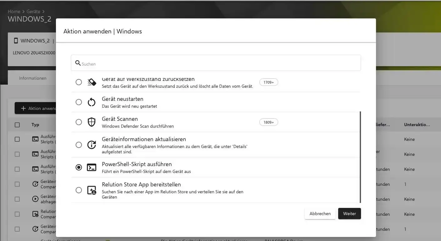 PowerShell-Skript ausführen als Aktion auf einem Windows-Gerät in Relution auswählen