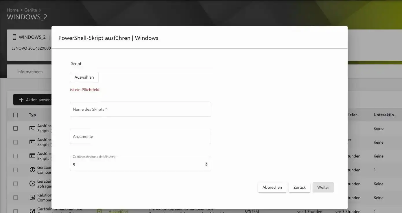 PowerShell-Skript über nativen Datei-Manager in Relution hochladen