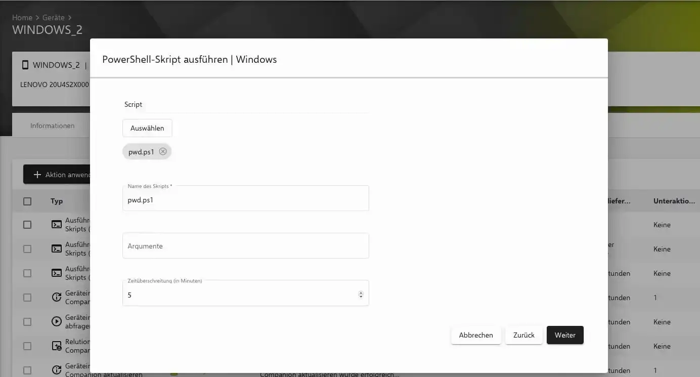 Argumente und Timeout für PowerShell-Skript in Relution Aktion konfigurieren