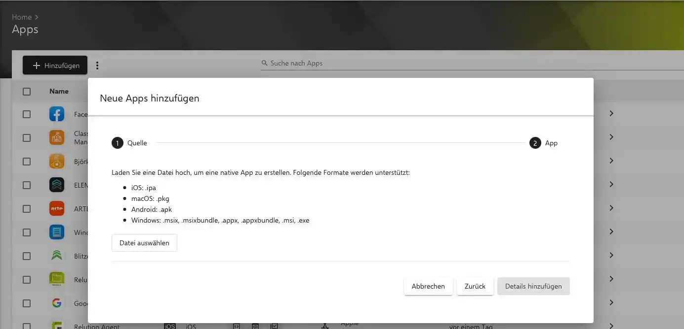 MSI oder EXE Datei für Windows App im Relution App Store hochladen
