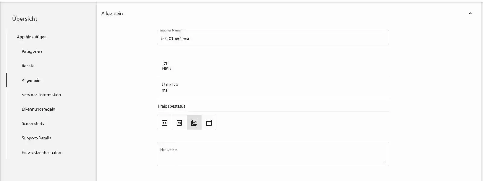 Windows App Detailseite mit Versionsname und Erkennungsregeln in Relution