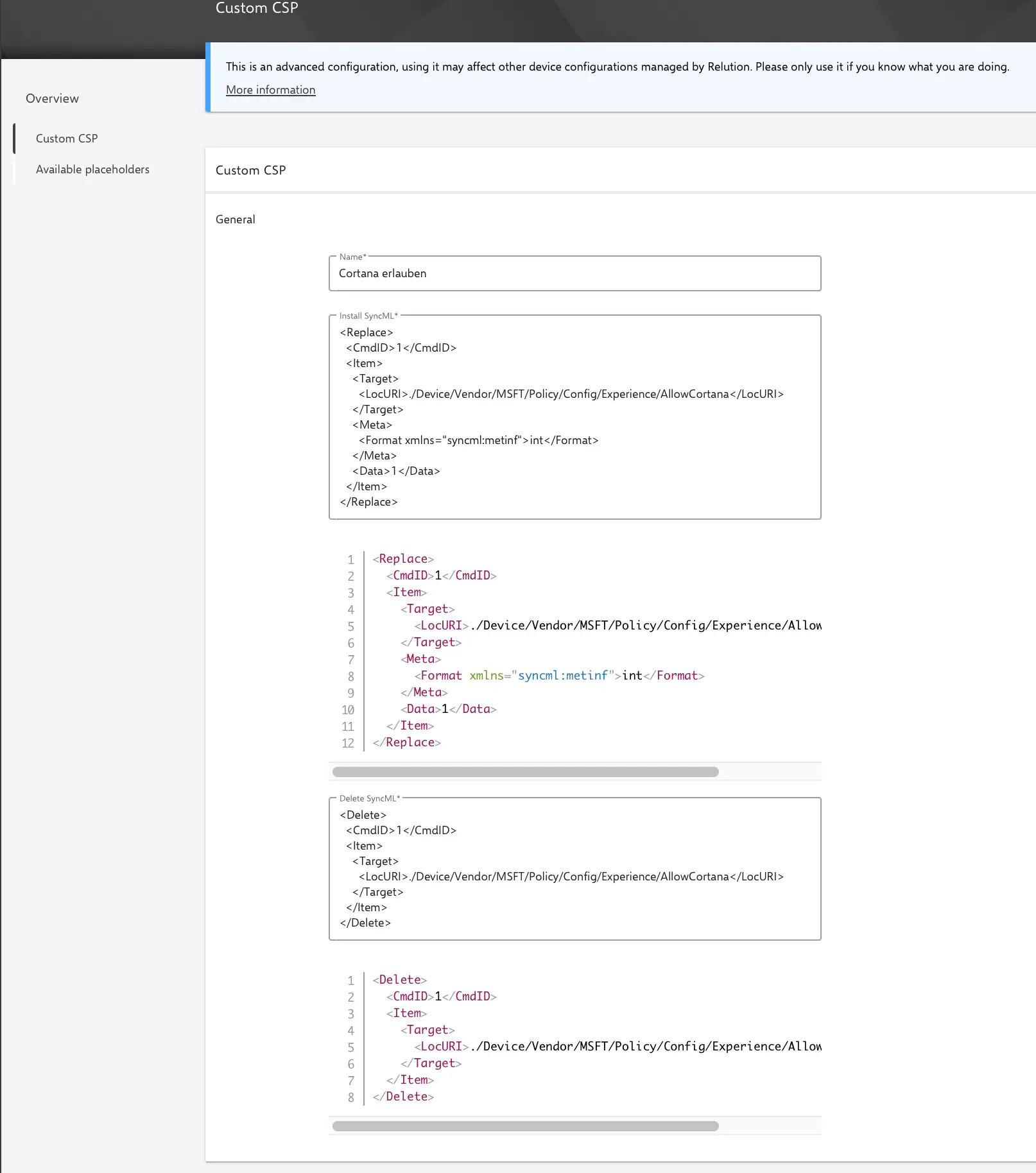 Configuration CSP personnalisée