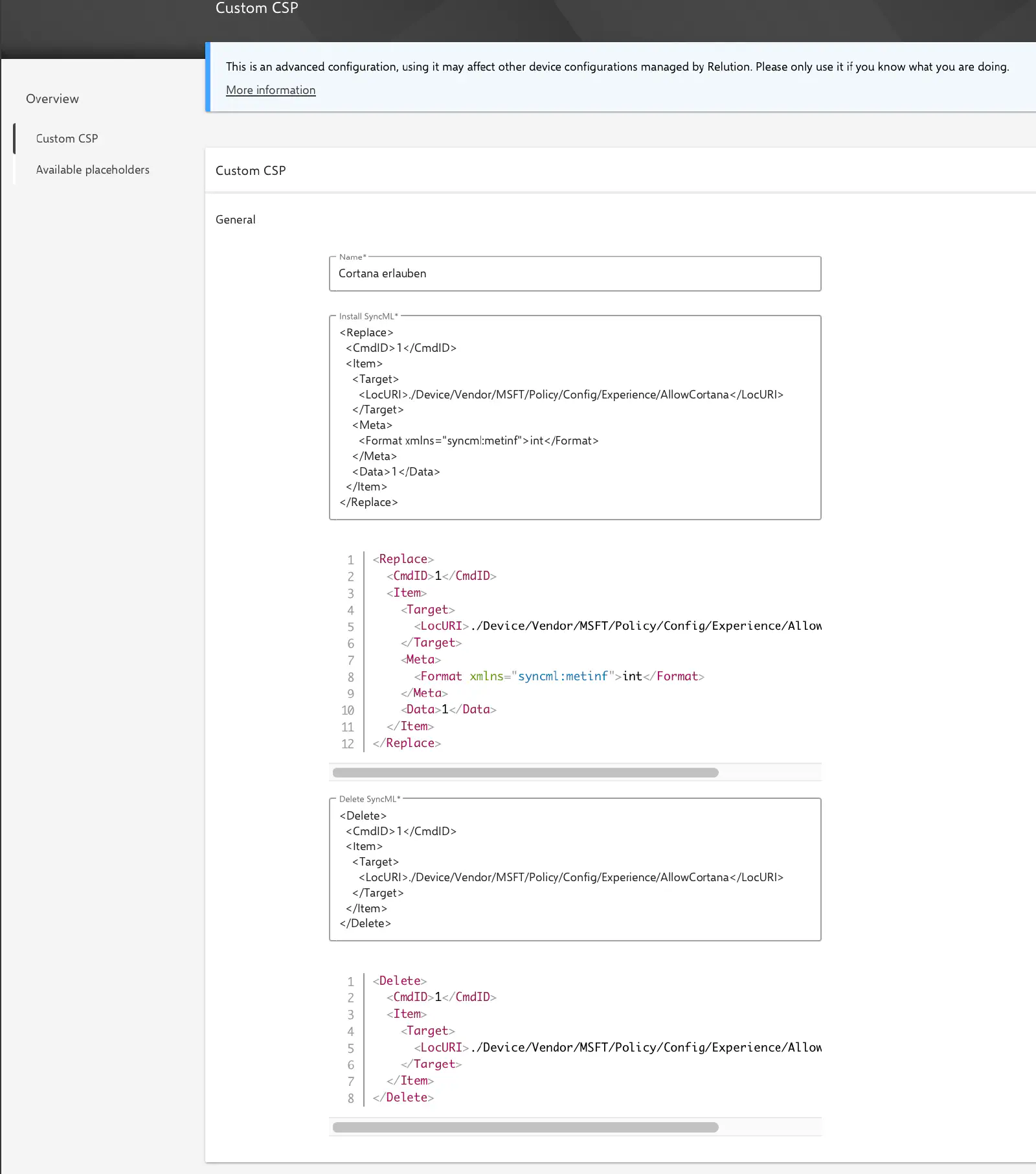 Configuration CSP personnalisée