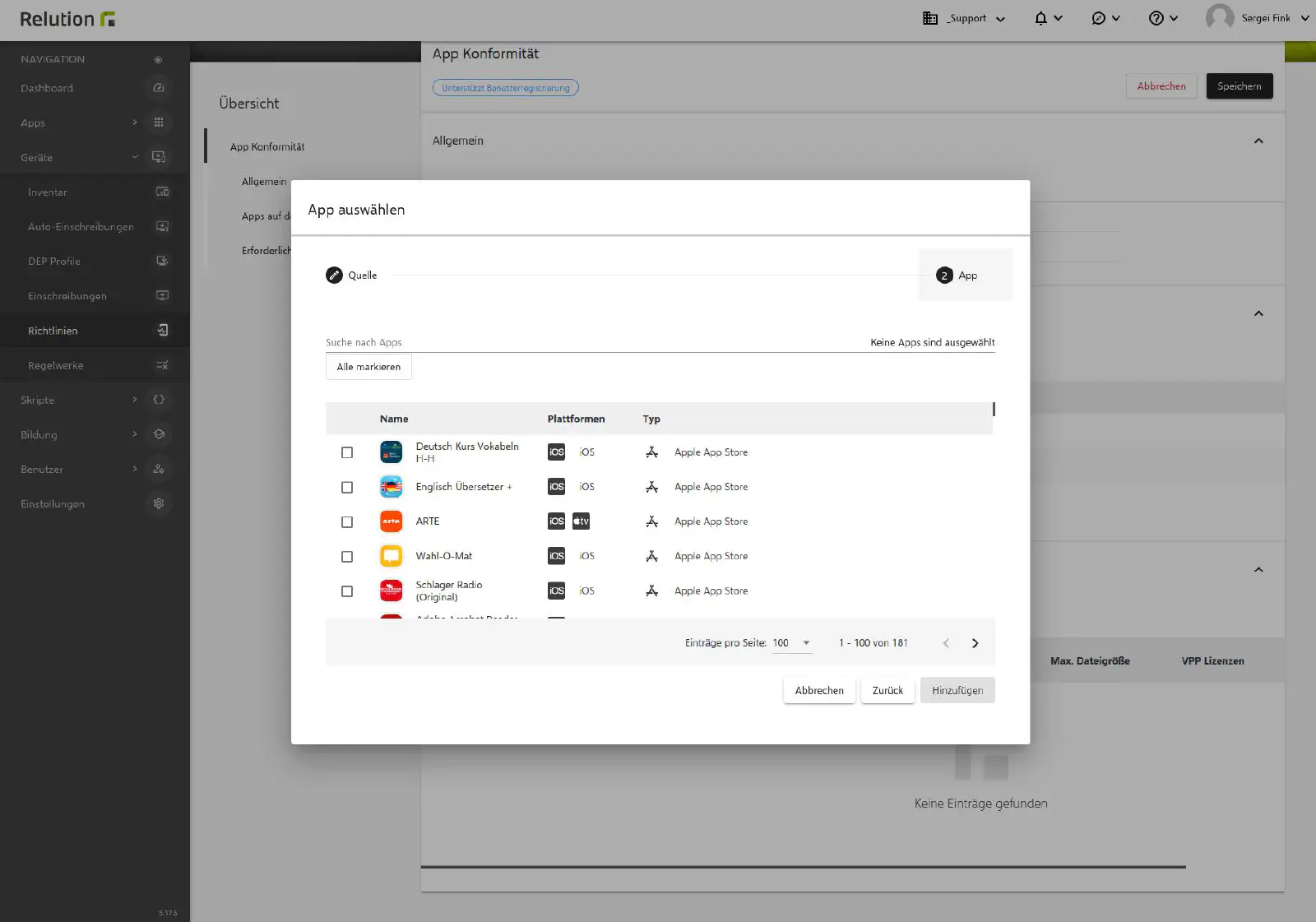 Auswahl erforderlicher nativer Apps aus dem Relution App Store