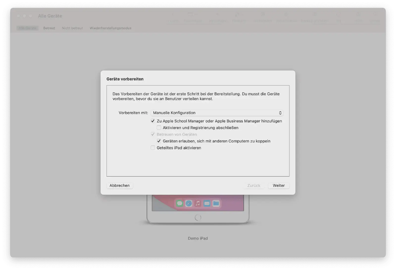 Apple Configurator 2 Vorbereitungsoptionen für DEP-Aufnahme