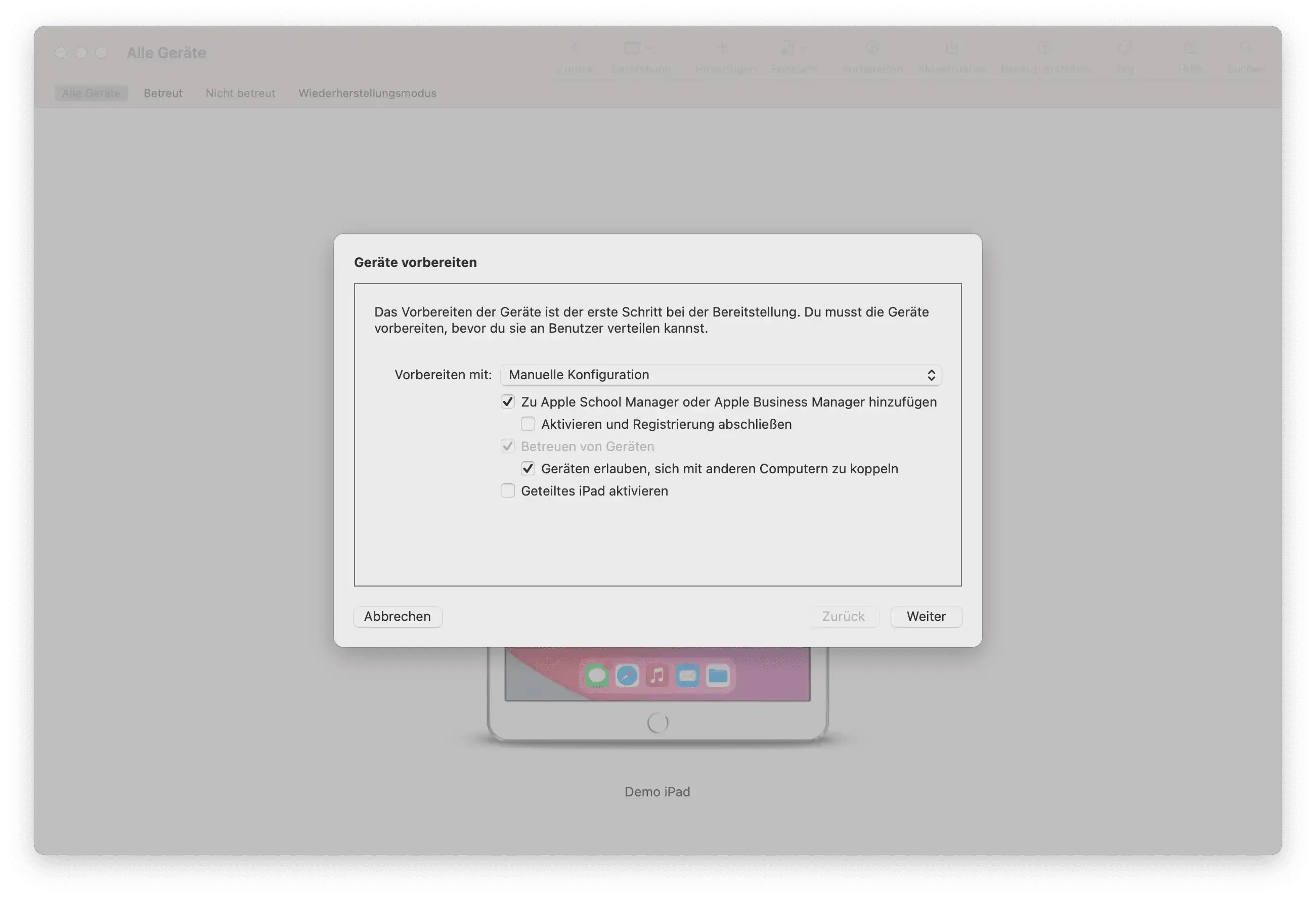 Apple Configurator 2 Vorbereitungsoptionen für DEP-Aufnahme