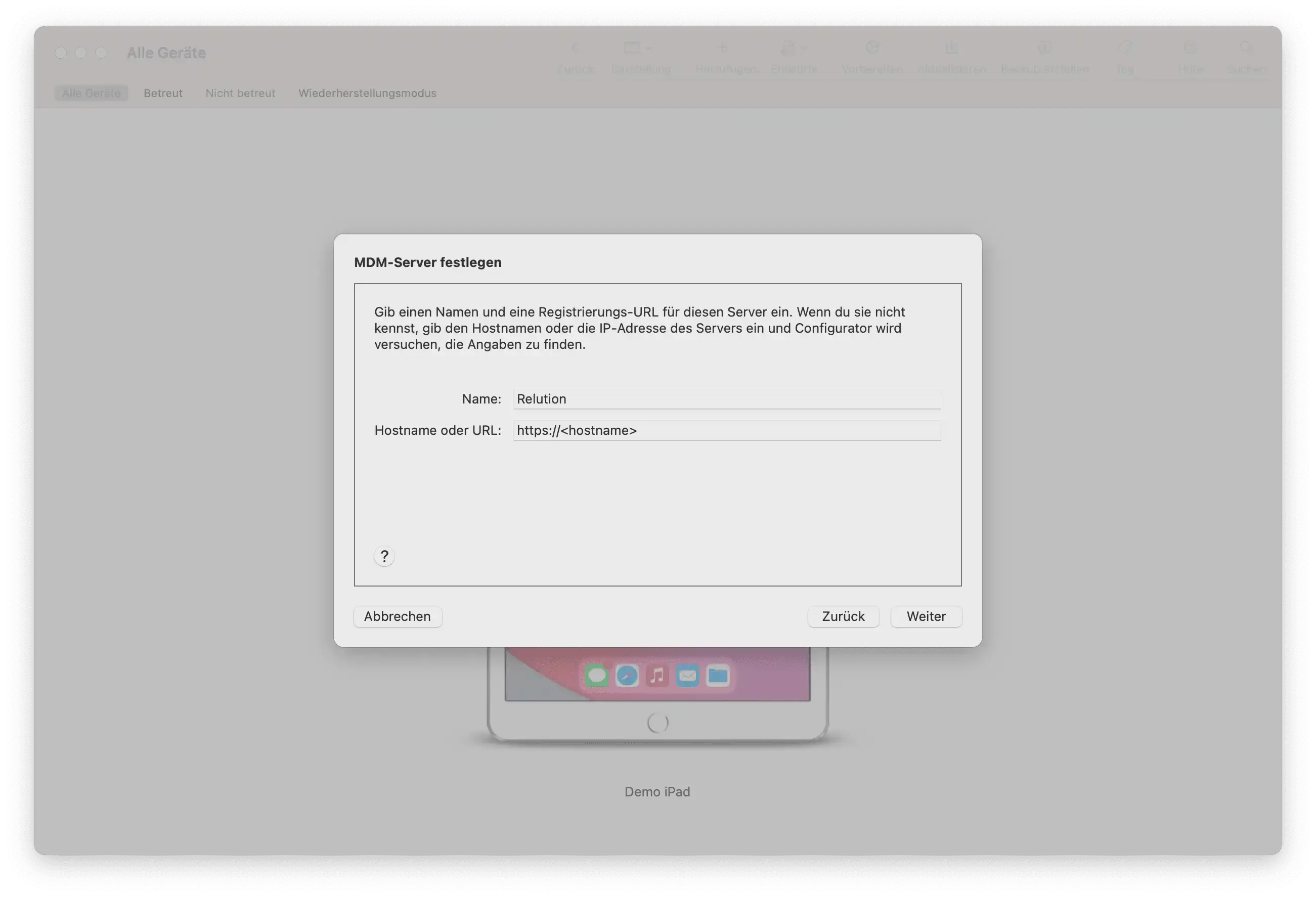 MDM Server URL in Apple Configurator 2 hinterlegen